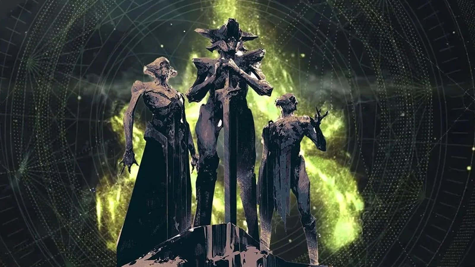 Destiny 2 桌布 壁紙 — 三個身穿深色盔甲的身影站在岩石露頭上，背景是一個帶有複雜圓形圖案的發光綠色宇宙漩渦。