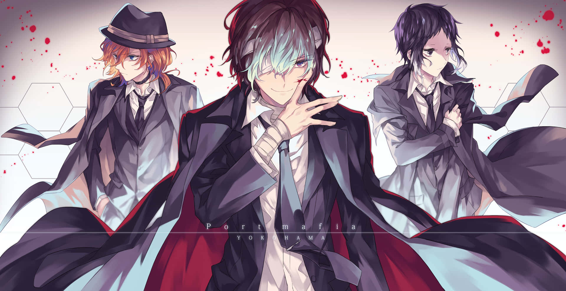 bungou stray dogs 桌布 壁紙 — 三個身穿深色西裝配紅色點綴的動漫角色站在六邊形圖案背景前，背景有紅色飛濺。