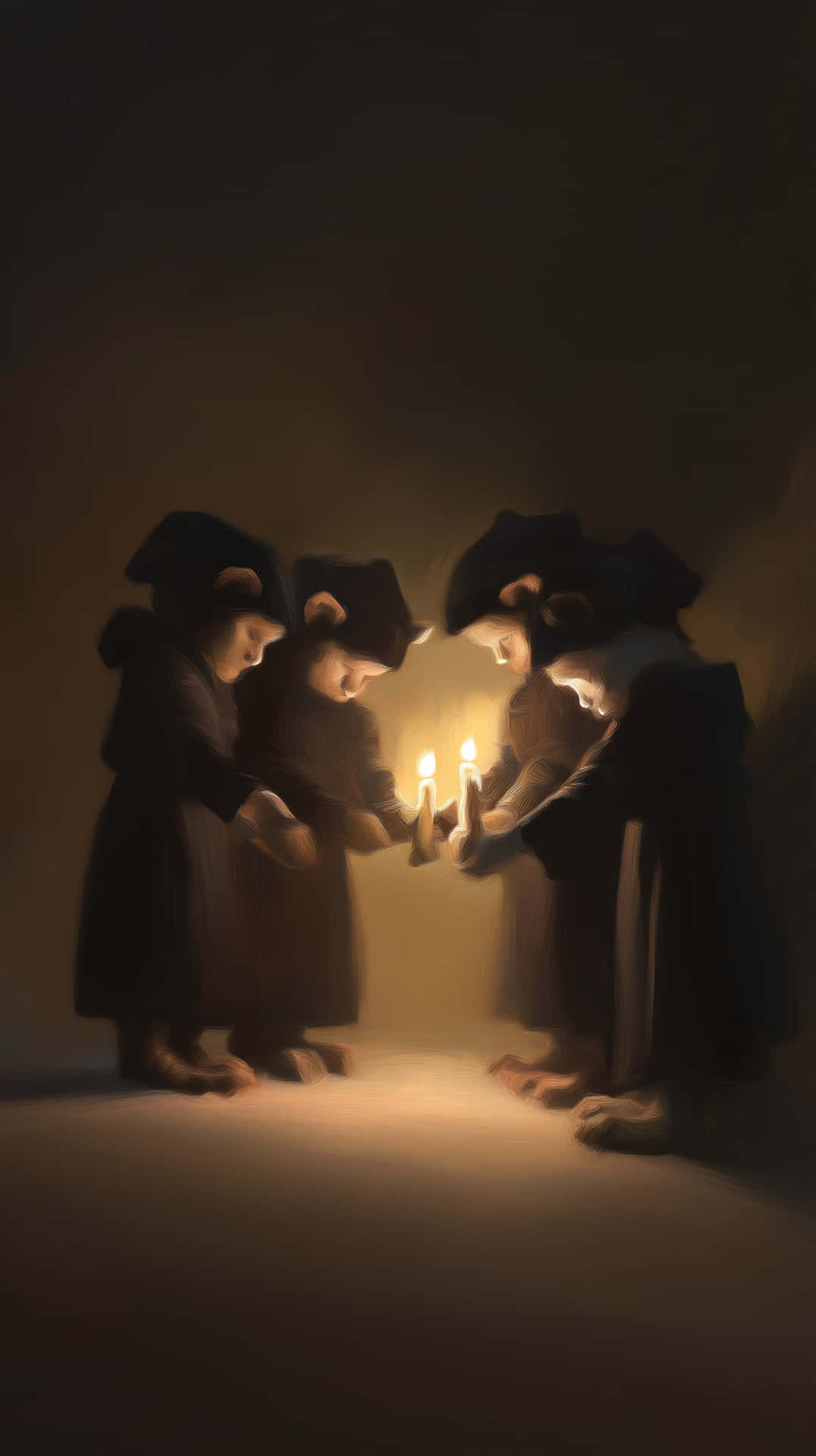 Mystical Mouse Monks with Candles in Dark Room Painting 壁紙 — 三個身穿深色長袍、戴著兜帽的身影在昏暗的光線中聚集，手持兩根點燃的蠟燭，溫暖的光芒映照在他們的臉龐和地板上。