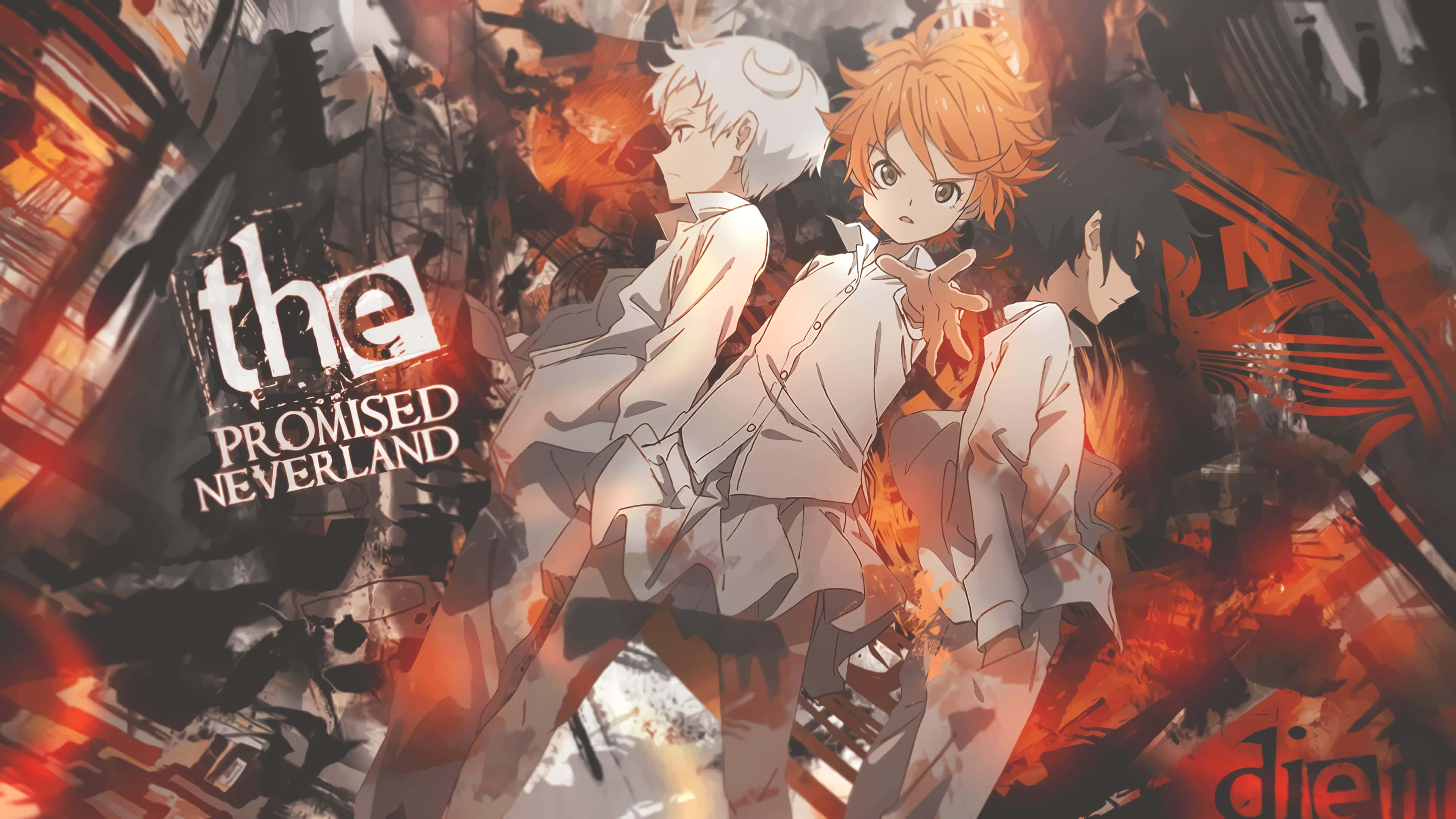 The Promised Neverland Emma 桌布 壁紙 — 三個身穿白色制服的動畫角色站在火熱的橙色和黑色混亂之中，標題『The Promised Neverland』清晰可見。