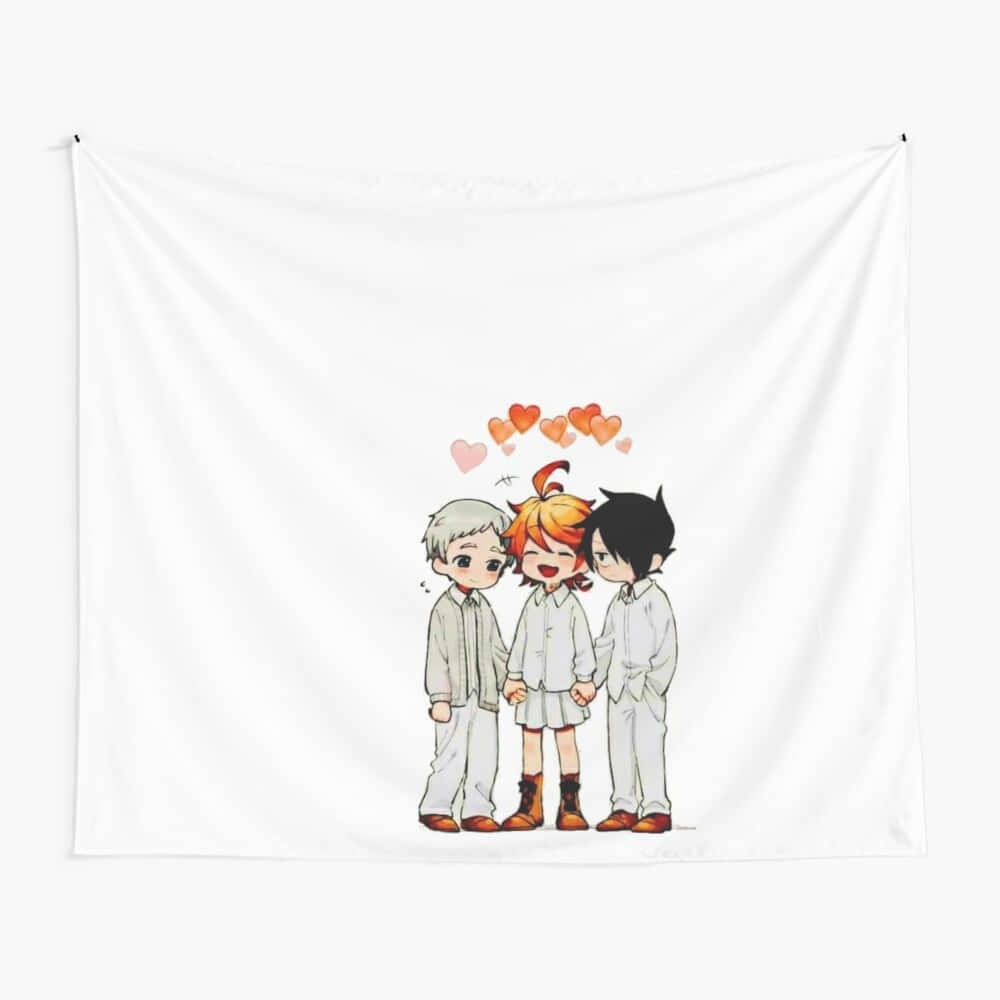 Ray The Promised Neverland 桌布 壁紙 — 三個身穿白色服裝的Q版動漫角色站在一起，心形圖案漂浮在他們上方，背景為白色掛毯。