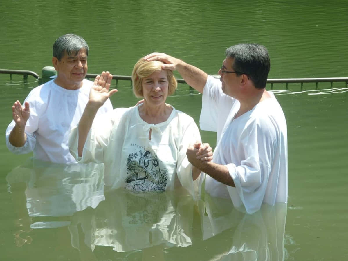 Baptism 桌布 壁紙 — 三個身穿白袍的人，在明亮的陽光下，於平靜的綠色水中進行浸禮儀式，水深及腰。