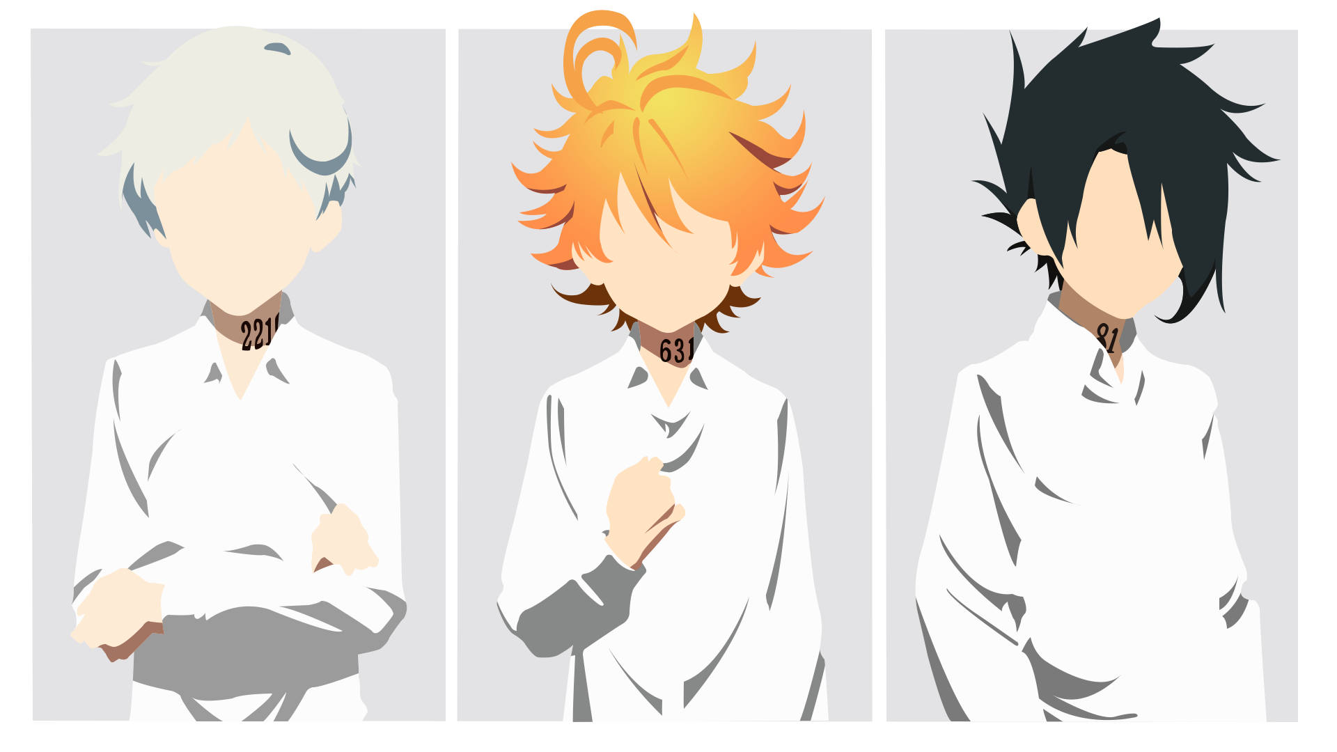 The Promised Neverland 桌布 壁紙 — 三個身穿白襯衫、戴著編號頸標的動漫風格男孩站在純灰色背景前。