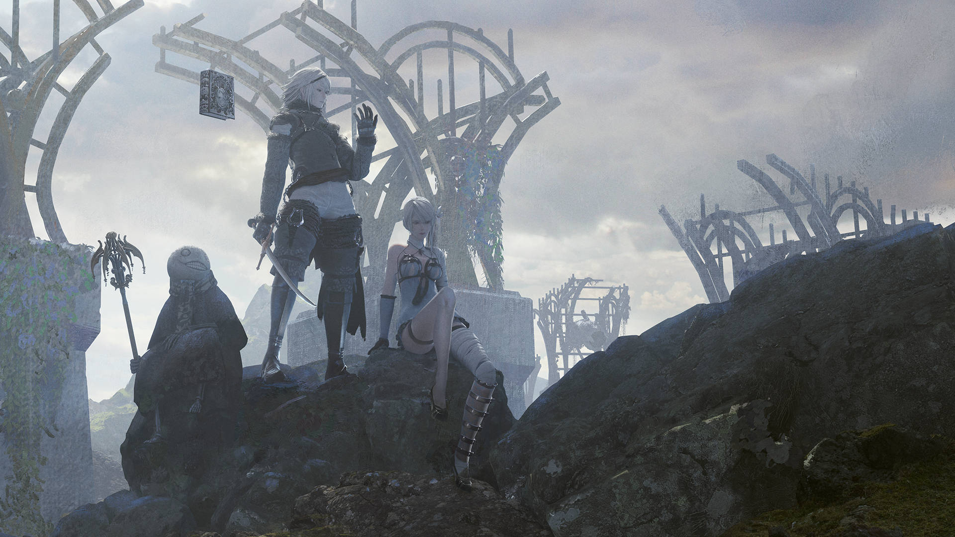 Nier 桌布 壁紙 — 三個身穿盔甲的人物站在岩石廢墟上，天空多雲，背景有骷髏拱門。