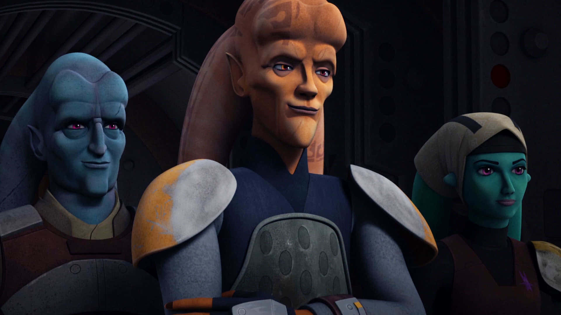 Twi'lek 桌布 壁紙 — 三個身穿盔甲的外星角色在昏暗的未來走廊中站在一起，周圍有發光的面板。