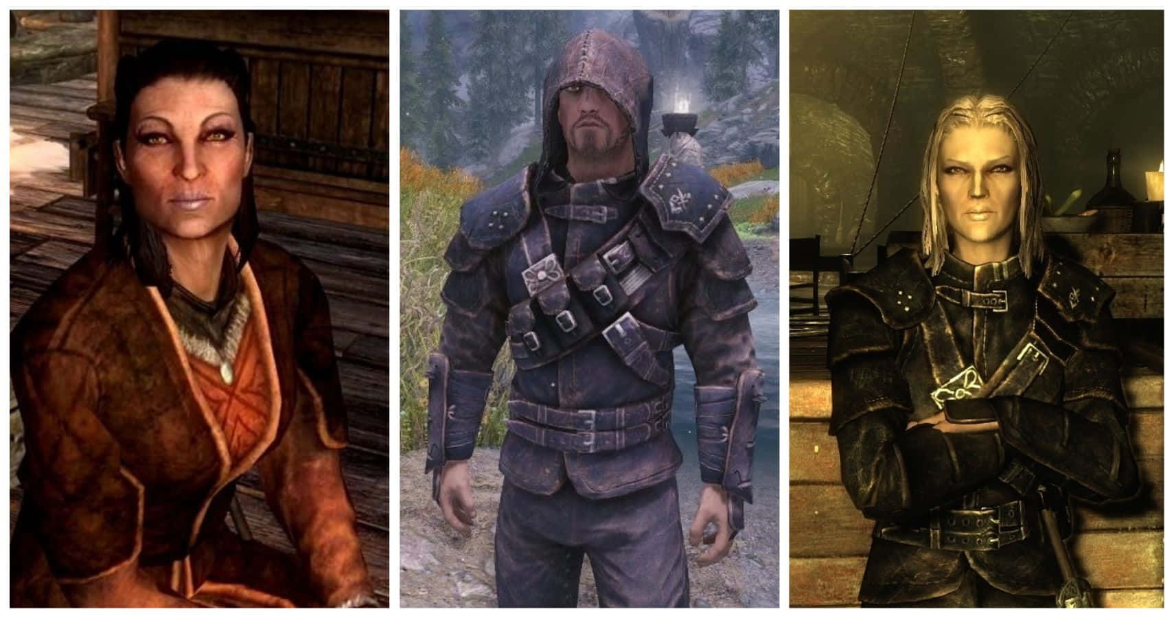 Thieves Guild 桌布 壁紙 — 三個身穿盔甲的奇幻角色，身處質樸的木製室內和森林環境，帶有溫暖的燈光。