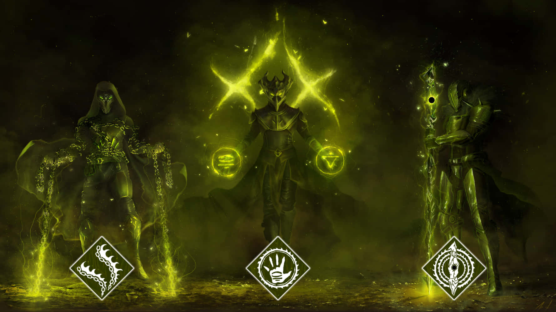 Witch Queen 桌布 壁紙 — 三個身穿盔甲的惡魔般人物站在一個黑暗迷霧的場景中，被發光的綠色魔法符號和餘燼照亮。