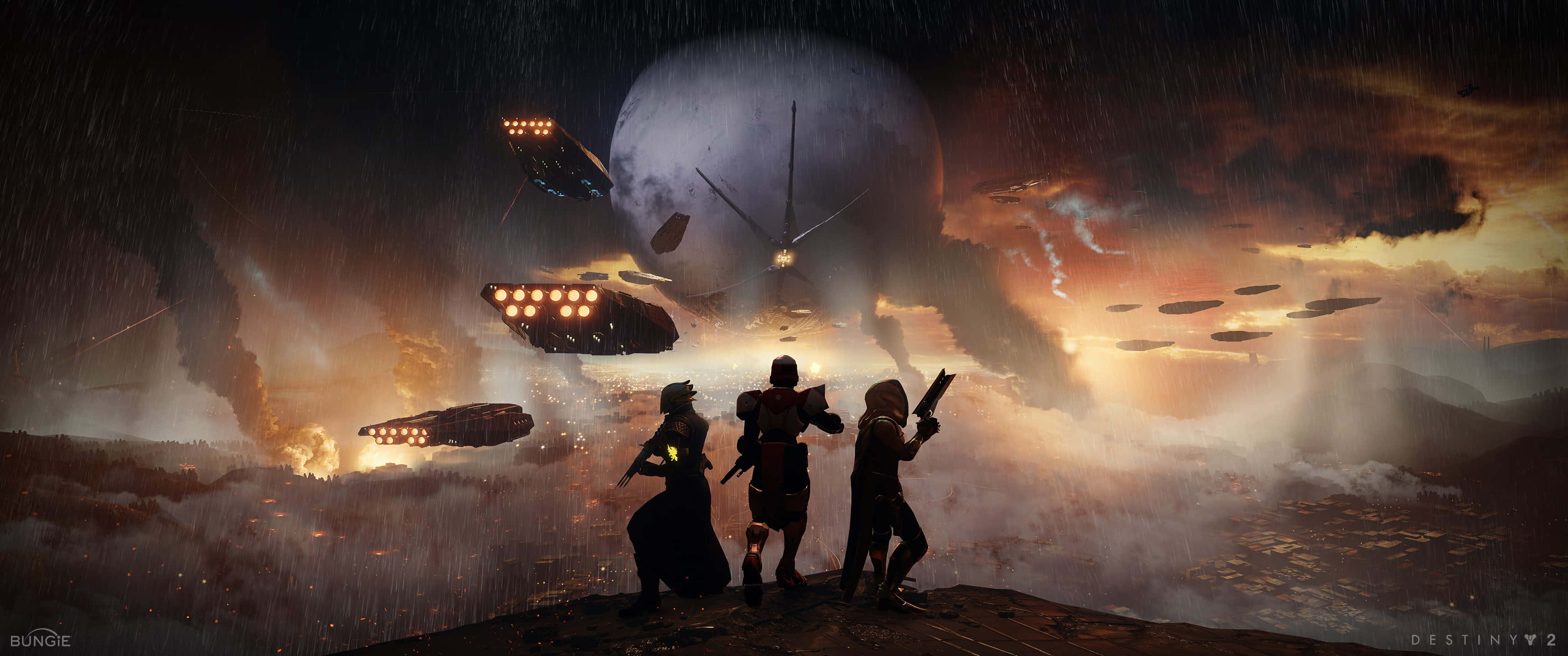 Titan Destiny 2 4K 桌布 壁紙 — 三個身穿盔甲的身影在懸崖上形成剪影，看著發光的太空船在風暴般的外星天空中飛過巨大的月球。