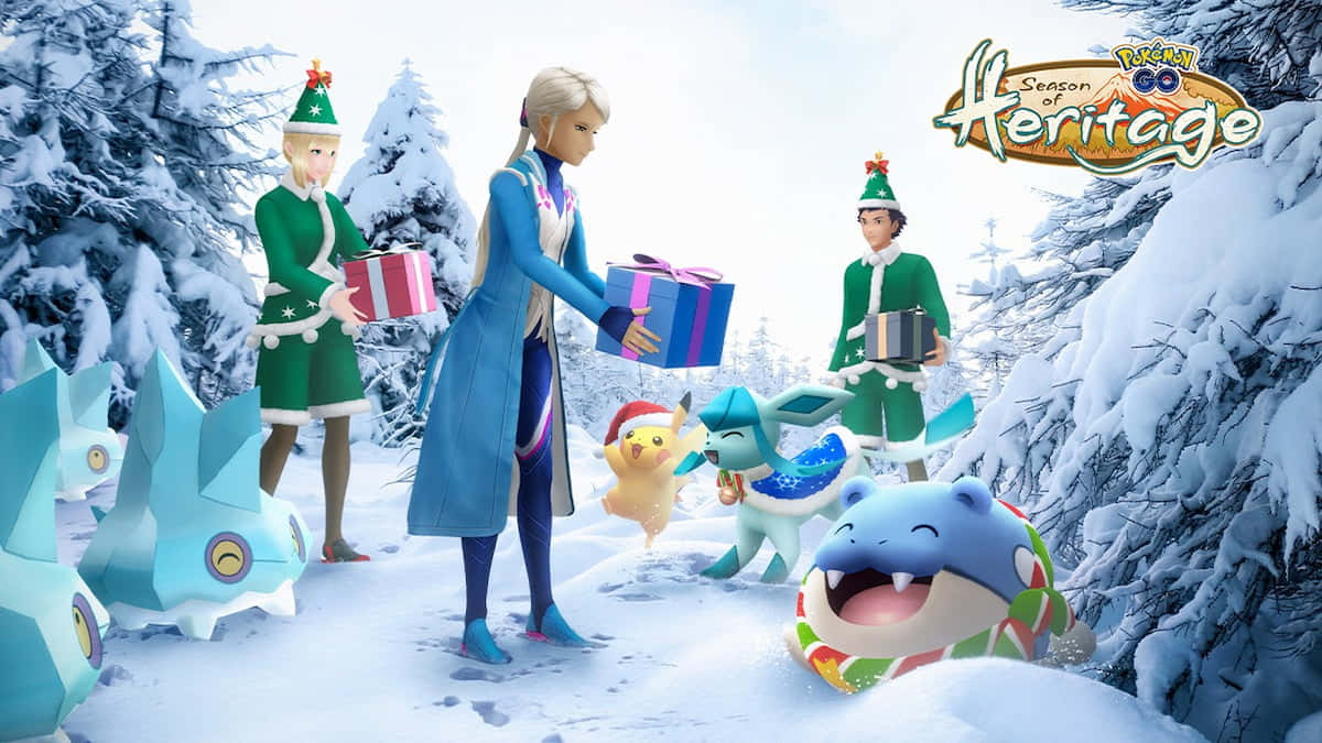 寶可夢 桌布 壁紙 — 三個身穿節日綠色服裝的角色在雪地森林中與開心的寶可夢交換節日禮物。