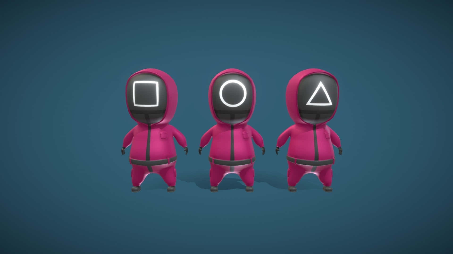 Squid Game Zoom 桌布 壁紙 — 三個身穿粉紅色西裝、戴著幾何圖案面罩的角色，在深藍色漸變背景前站成一排。