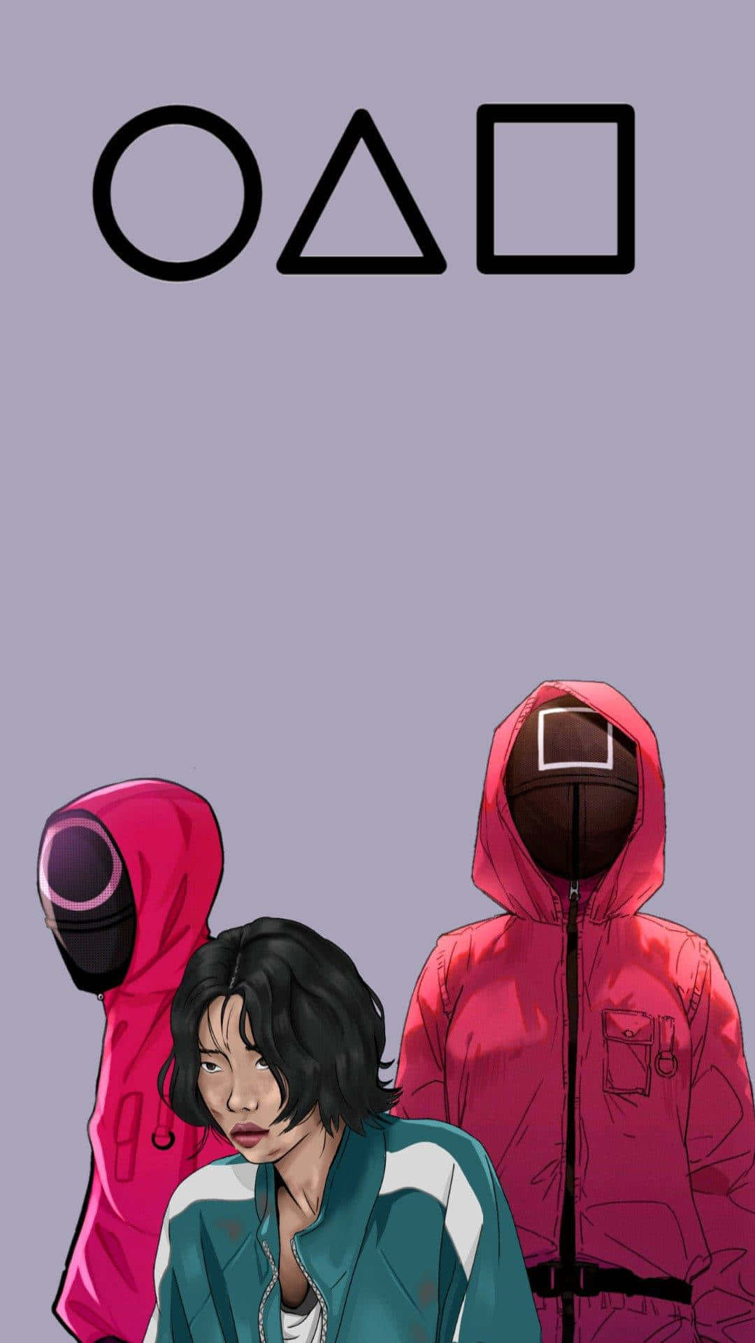 Squid Game 桌布 壁紙 — 三個身穿粉紅色連帽衫、戴著面具的人物站在一位身穿青綠色外套的年輕女子身後，背景是帶有幾何符號的薰衣草色。