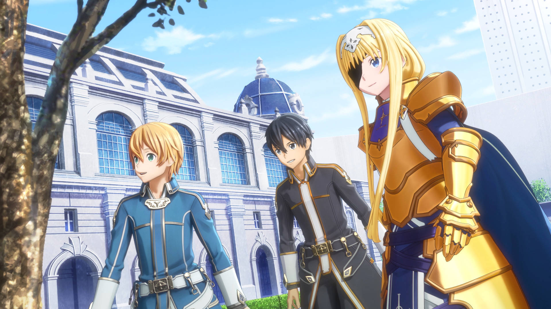 Kirito 桌布 壁紙 — 三個身穿精細盔甲的動漫角色站在宏偉的歐式建築前，天空湛藍。