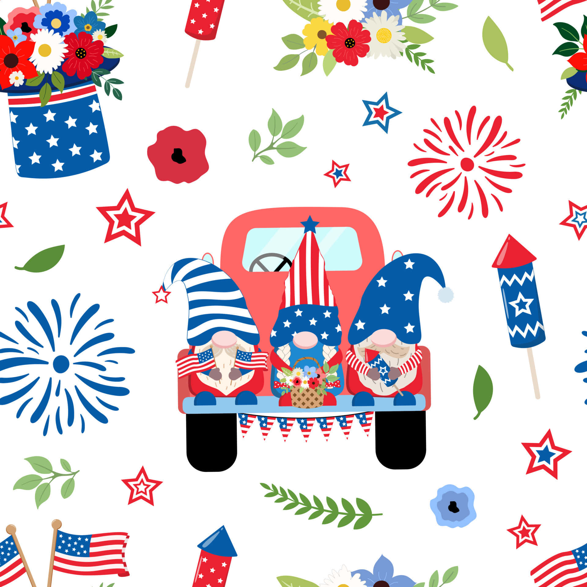 Cute 4th Of July 桌布 壁紙 — 三個身穿紅、白、藍愛國服飾的節日地精坐在一輛紅色卡車的後斗上，周圍環繞著煙火、旗幟和鮮花。
