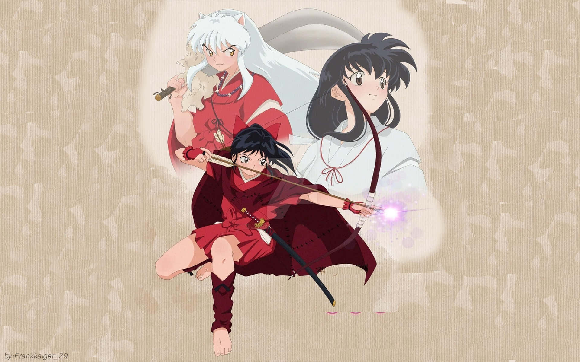 Setsuna 桌布 壁紙 — 三個身穿紅白服裝的動漫角色在帶有紋理的米色背景上動態擺姿勢，並帶有發光效果。