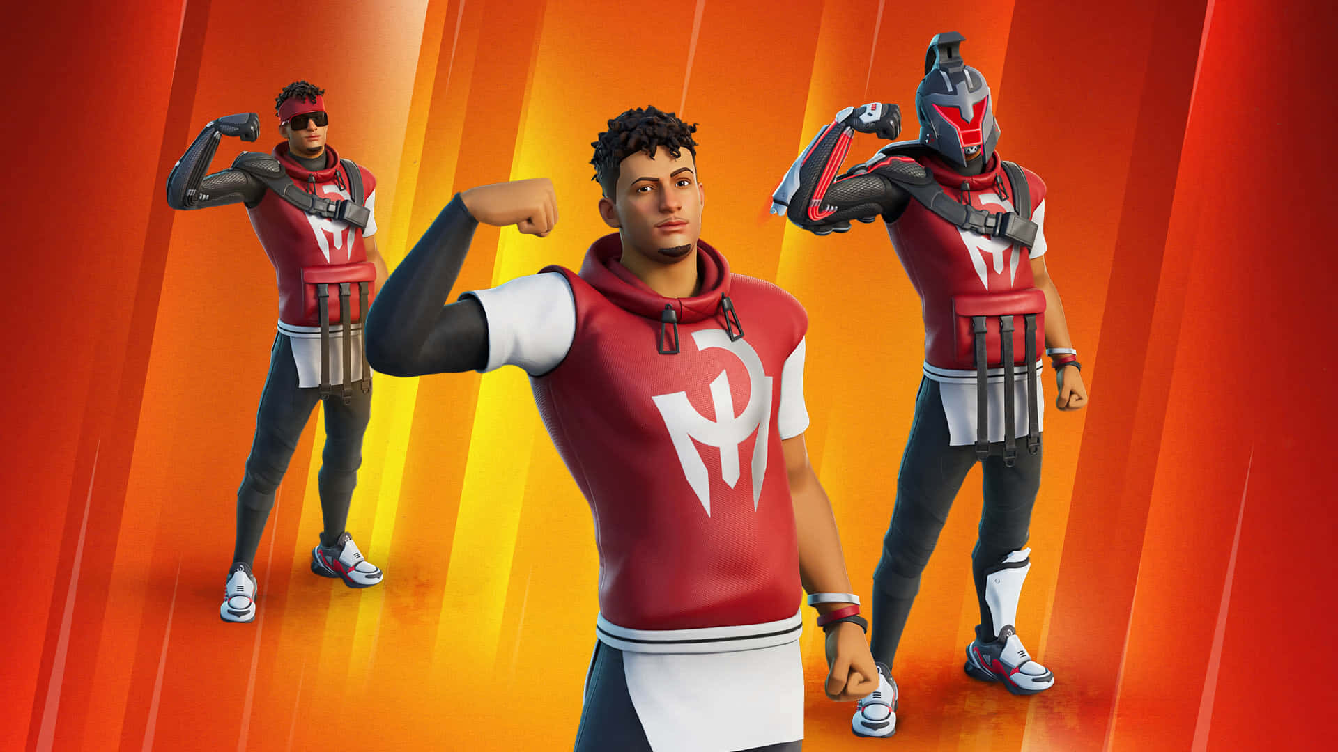 桌布 壁紙 — 三個身穿紅白運動服的Fortnite角色在充滿活力的橙色漸變背景前展示肌肉。