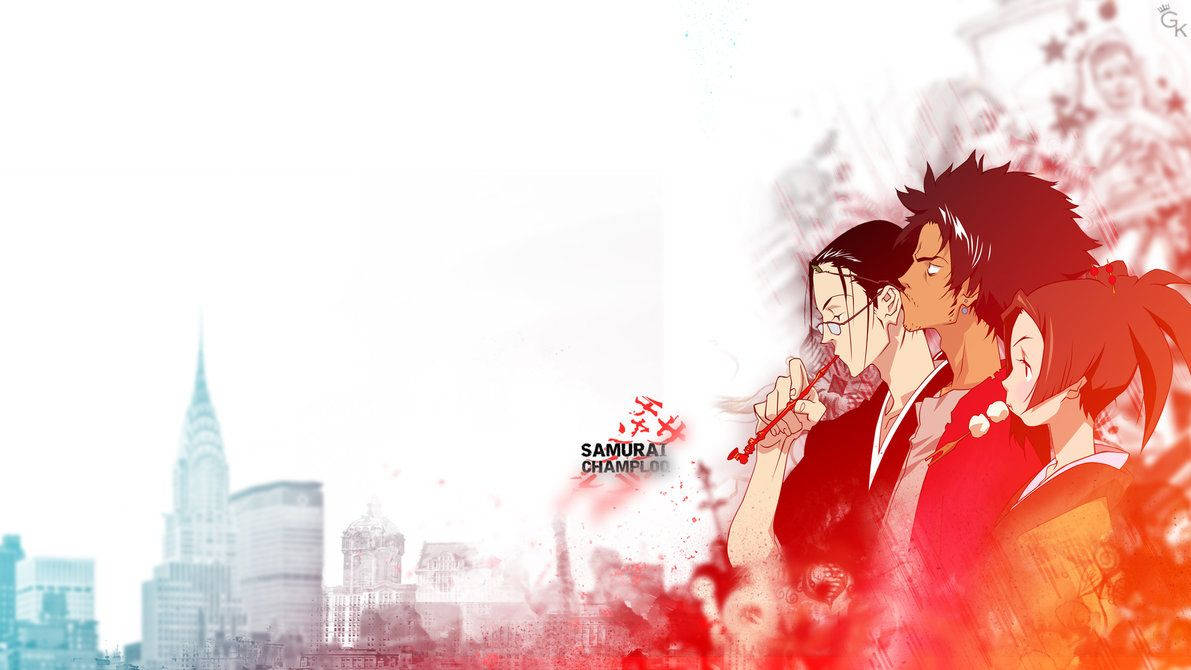 Samurai Champloo 桌布 壁紙 — 三個身穿紅色和橙色服裝的動漫角色站在褪色的城市天際線前，帶有克萊斯勒大廈的輪廓。