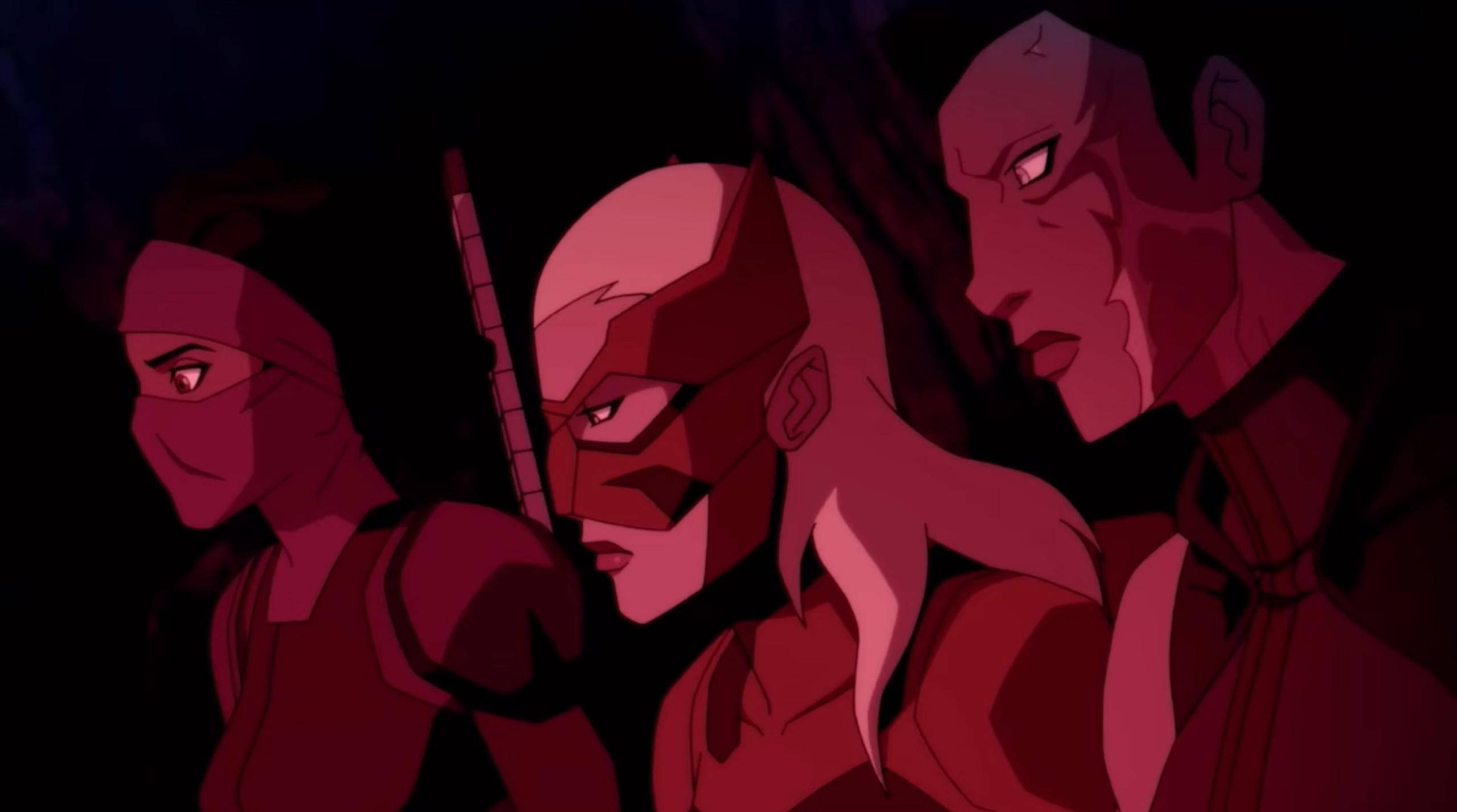 Young Justice 桌布 壁紙 — 三個身穿紅色裝備的動漫角色在深紅色燈光下以陰影側面站立，表情強烈。
