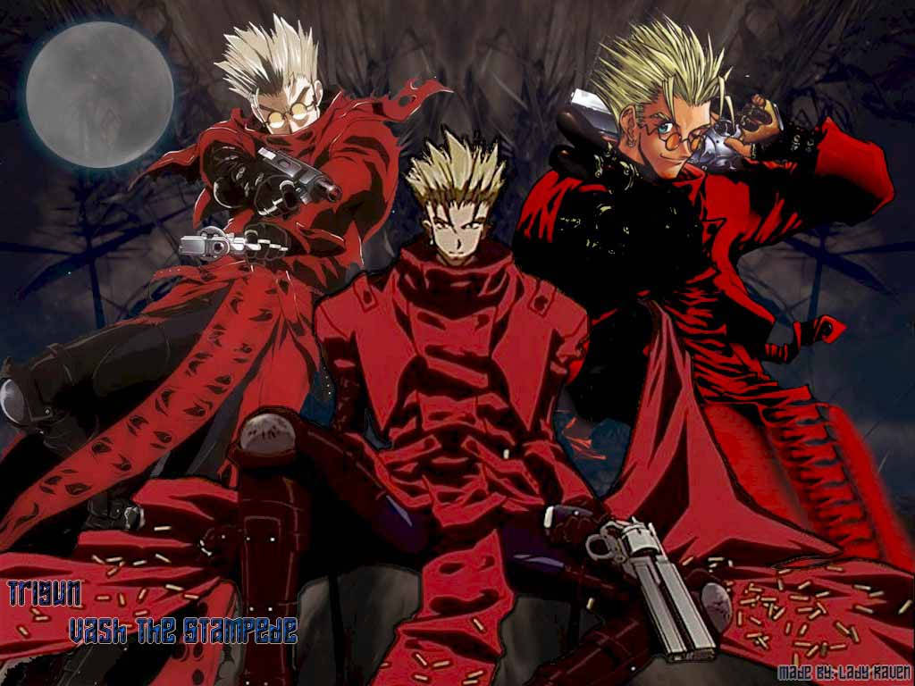 Trigun 桌布 壁紙 — 三個身穿紅色風衣的動漫角色在黑暗森林中滿月下持槍擺姿勢。