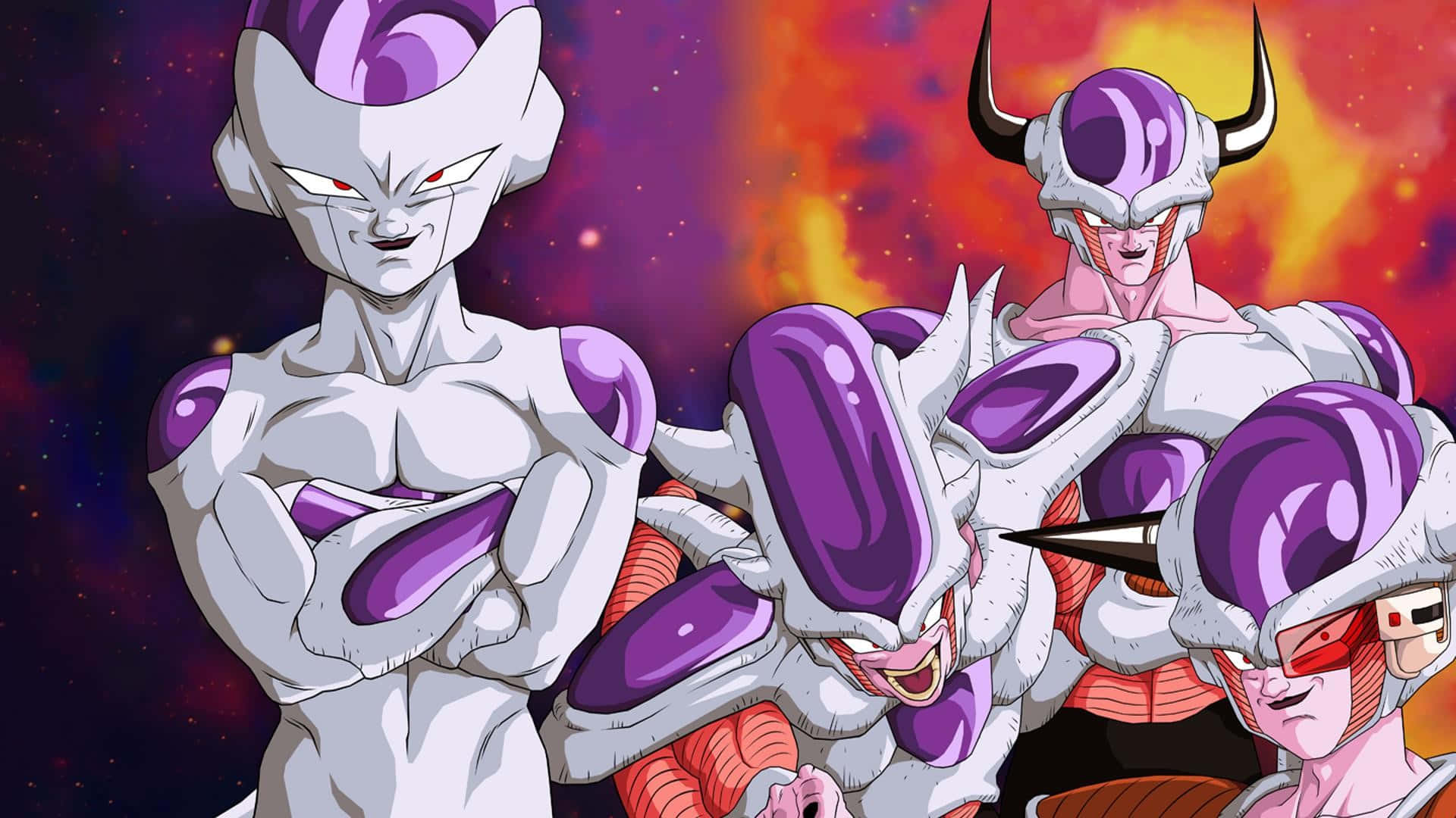 Dragon Ball Z Characters 桌布 壁紙 — 三個身穿紫色和白色盔甲的威脅性動漫角色站在熾熱的宇宙背景前。