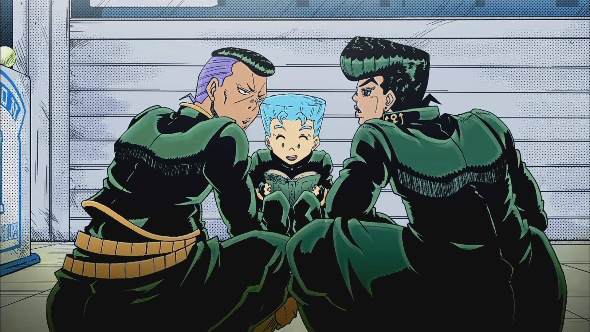 jojo 4K 桌布 壁紙 — 三個身穿綠色外套的動漫角色在骯髒的城市小巷中圍著一個正在讀書的孩子。