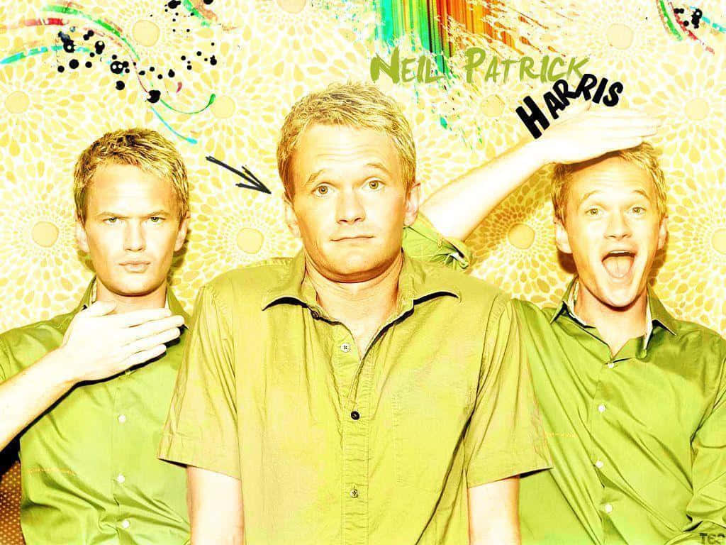 neil patrick harris 桌布 壁紙 — 三個身穿綠色襯衫的尼爾·帕特里克·哈里斯相同肖像，背景為充滿活力的抽象黃色，帶有彩色潑濺和他的名字。