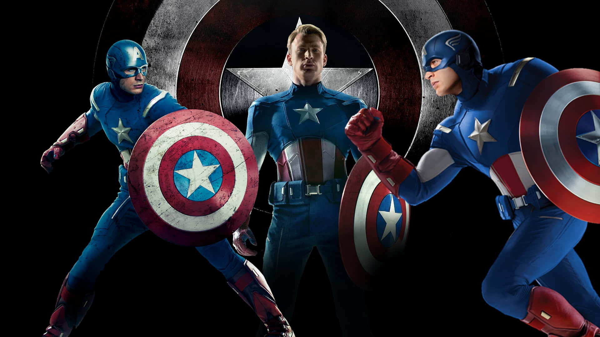 HD Captain America 桌布 壁紙 — 三個身穿藍、紅、白色戰衣的美國隊長角色，在深色背景前手持盾牌動感擺姿勢。