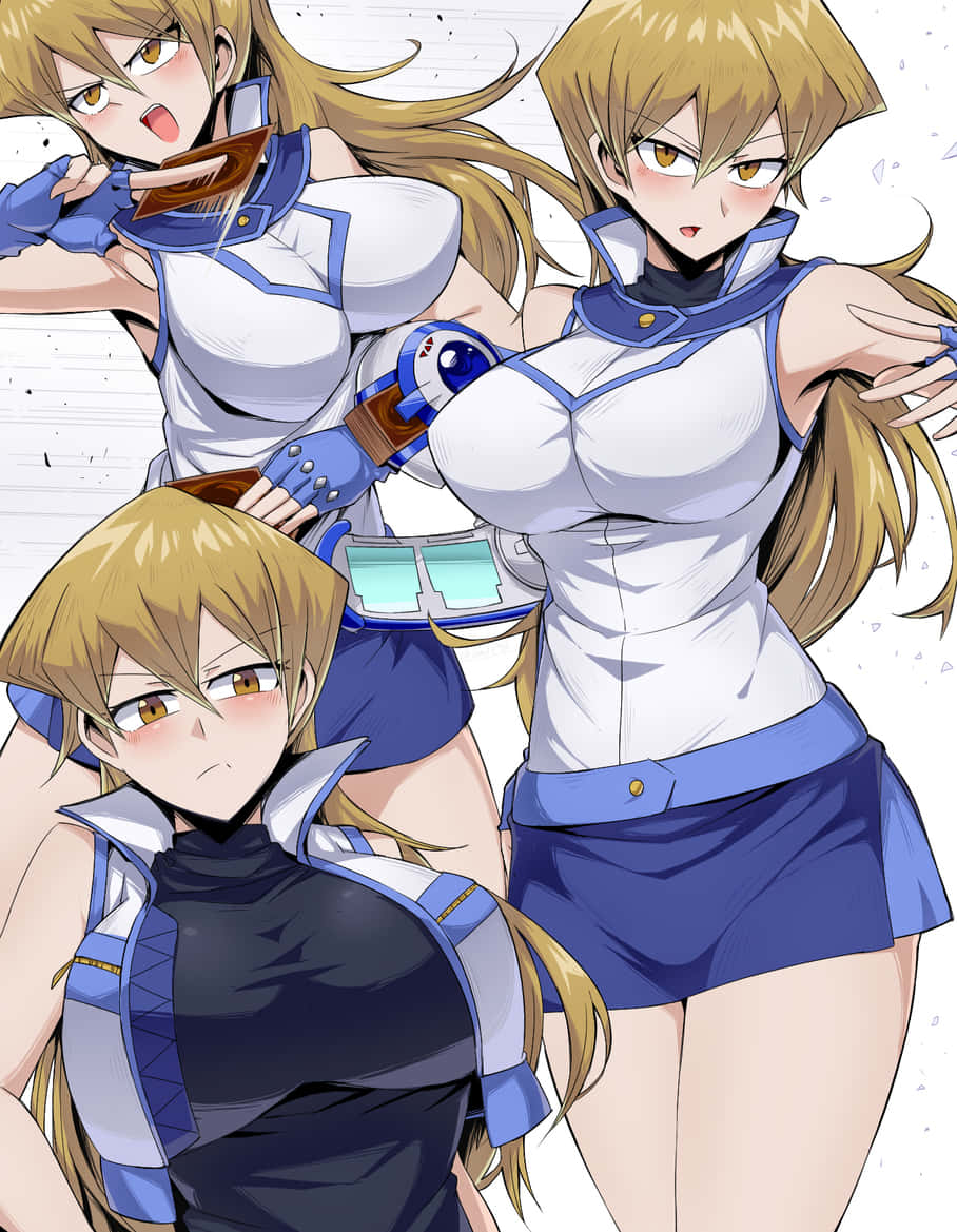 Alexis Rhodes 桌布 壁紙 — 三個身穿藍白制服的動漫女孩在純色背景前以堅定表情動感擺姿勢。