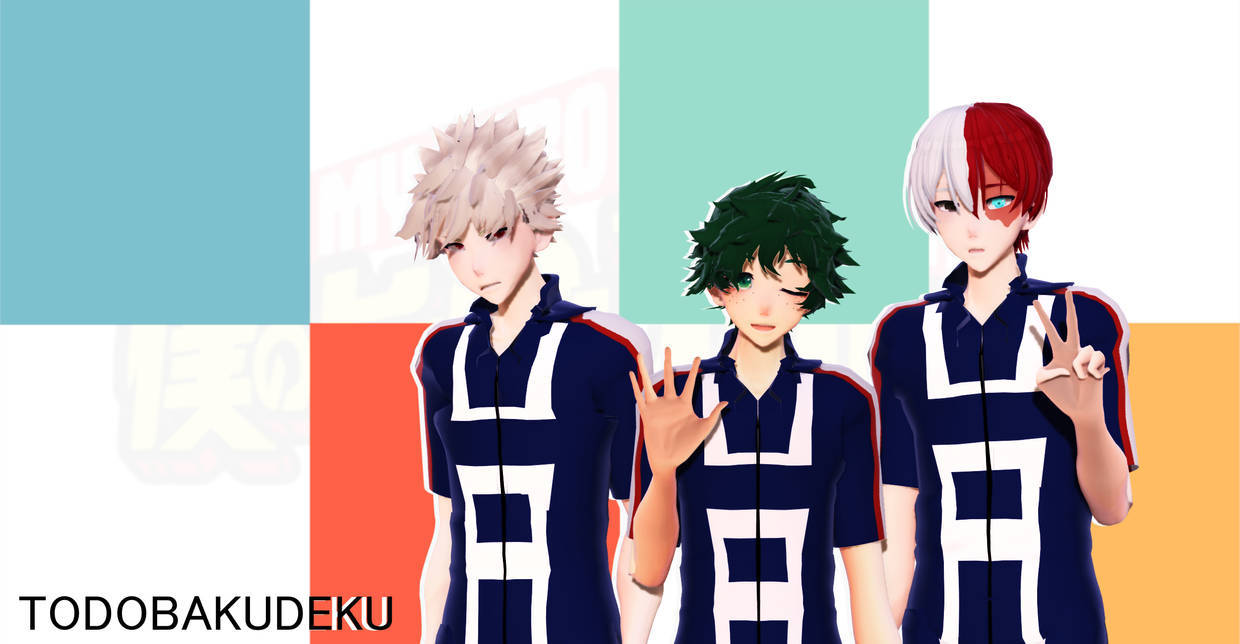 Todobakudeku 桌布 壁紙 — 三個身穿藍白制服的動漫角色在色彩繽紛的方塊背景前擺姿勢，背景有個模糊的標誌。