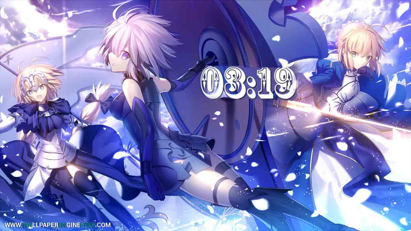 Fate/Grand Order 桌布 壁紙 — 三個身穿藍白服裝的動漫女孩，在閃爍的宇宙背景下，用發光的武器戰鬥。