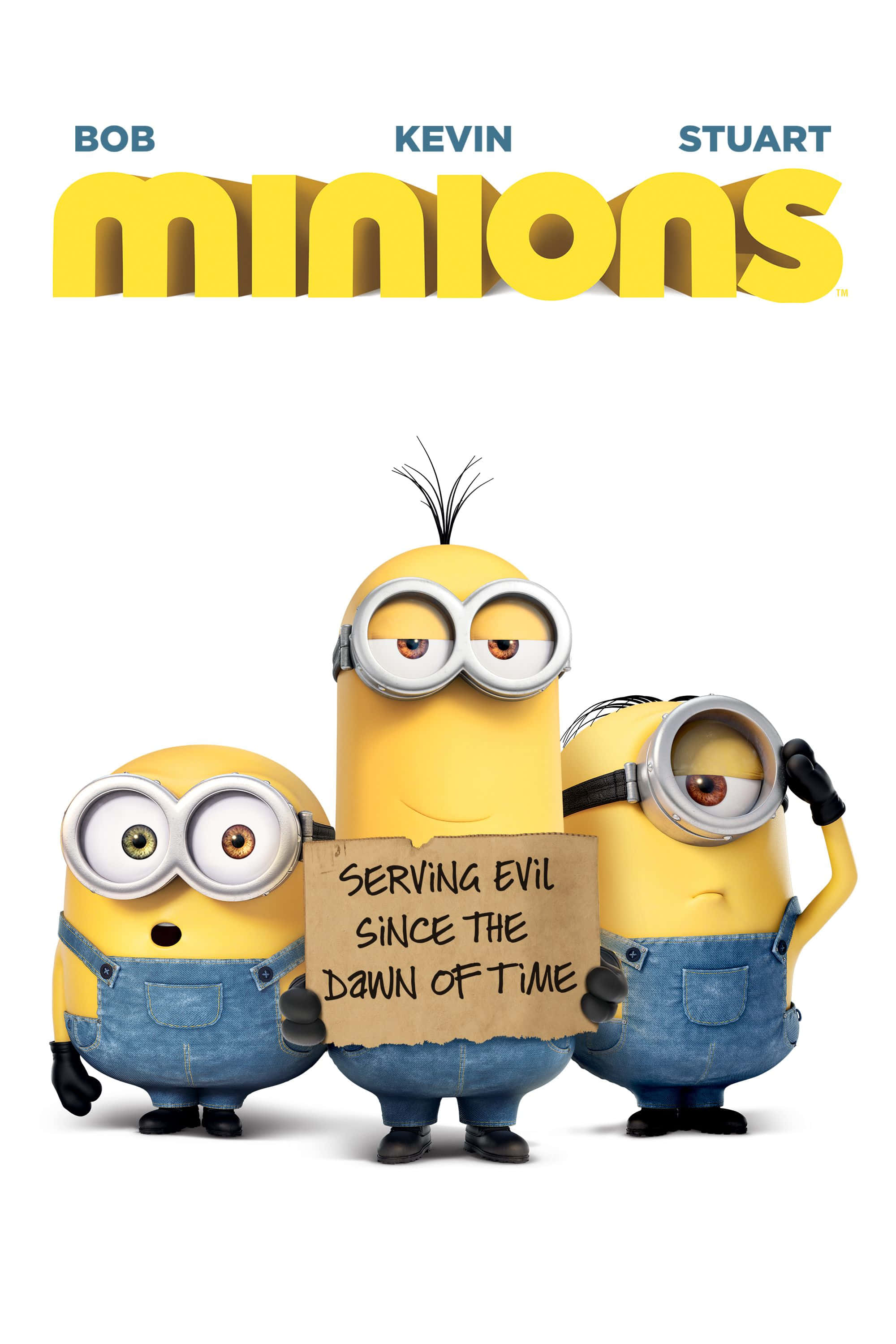 Minion 桌布 壁紙 — 三個身穿藍色工裝褲的黃色小小兵，在白色背景前舉著一塊寫有「Serving Evil Since the Dawn of Time」的牌子。