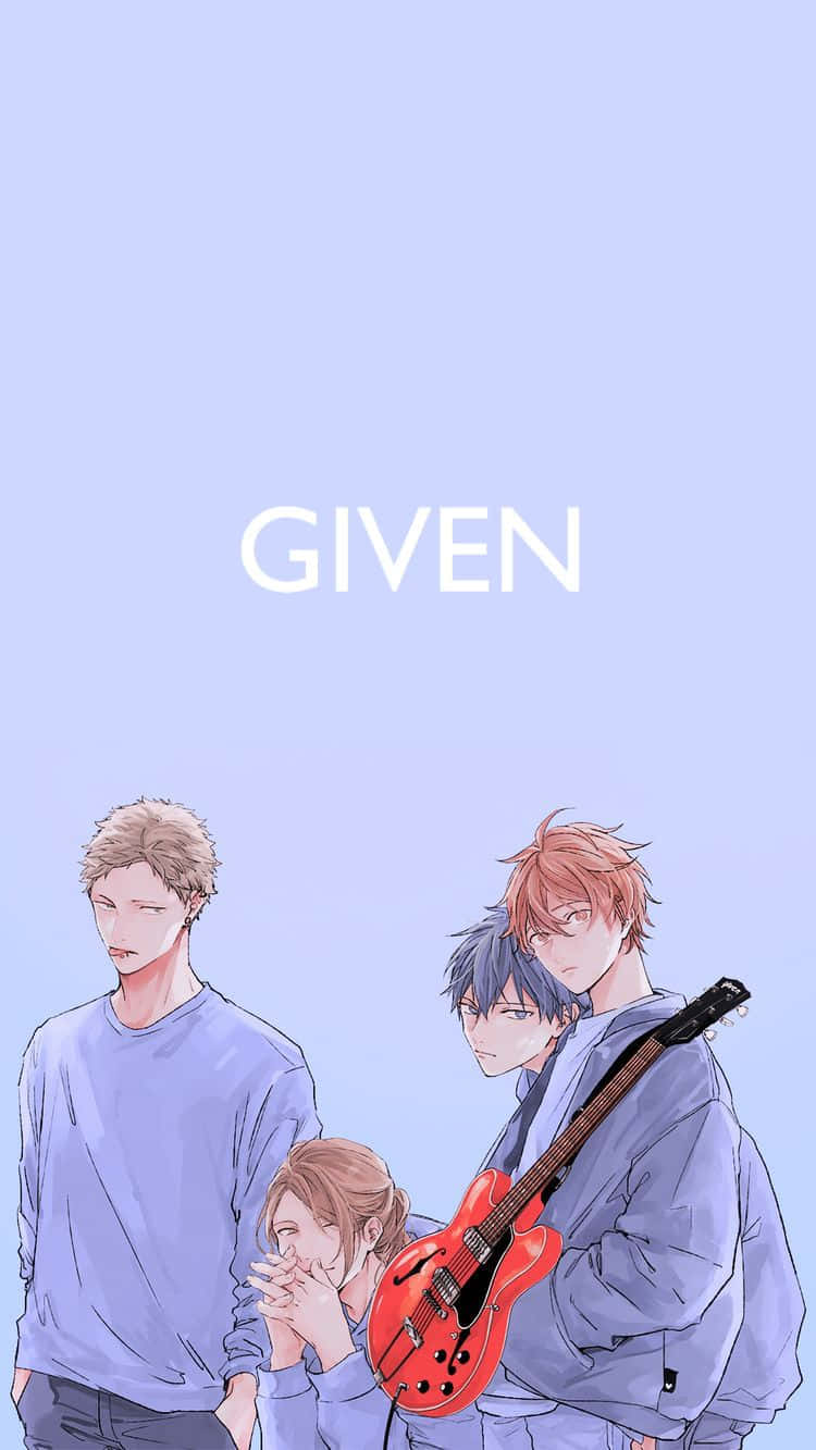 cute anime characters 桌布 壁紙 — 三個身穿藍色服裝的動畫男孩站在柔和的薰衣草背景前，其中一個拿著紅色電吉他，上面有GIVEN字樣。