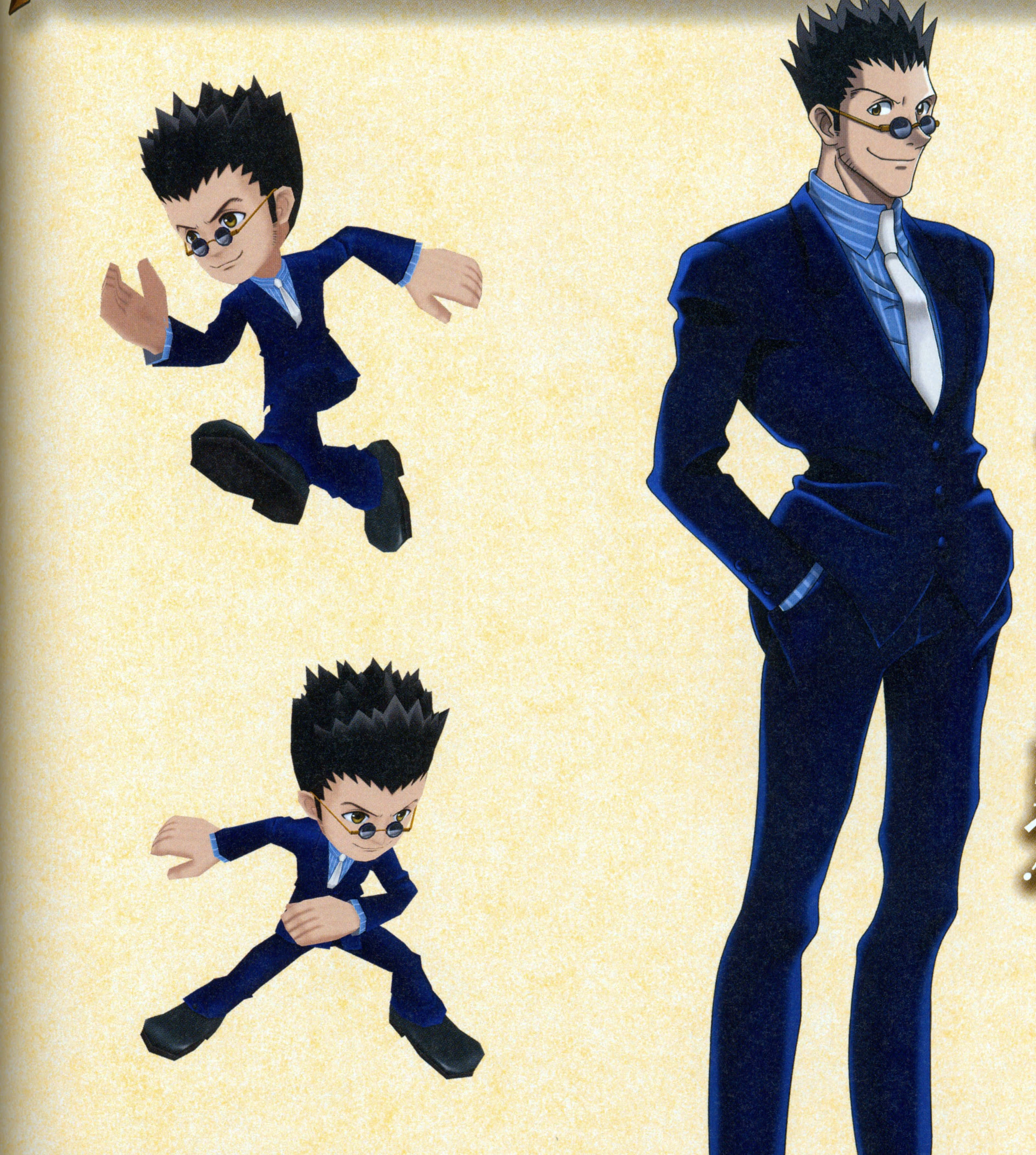 Leorio Paradinight 桌布 壁紙 — 三個身穿藍色西裝、黑色刺蝟頭和戴眼鏡的動漫角色，在帶有紋理的米色背景上動態擺姿勢。