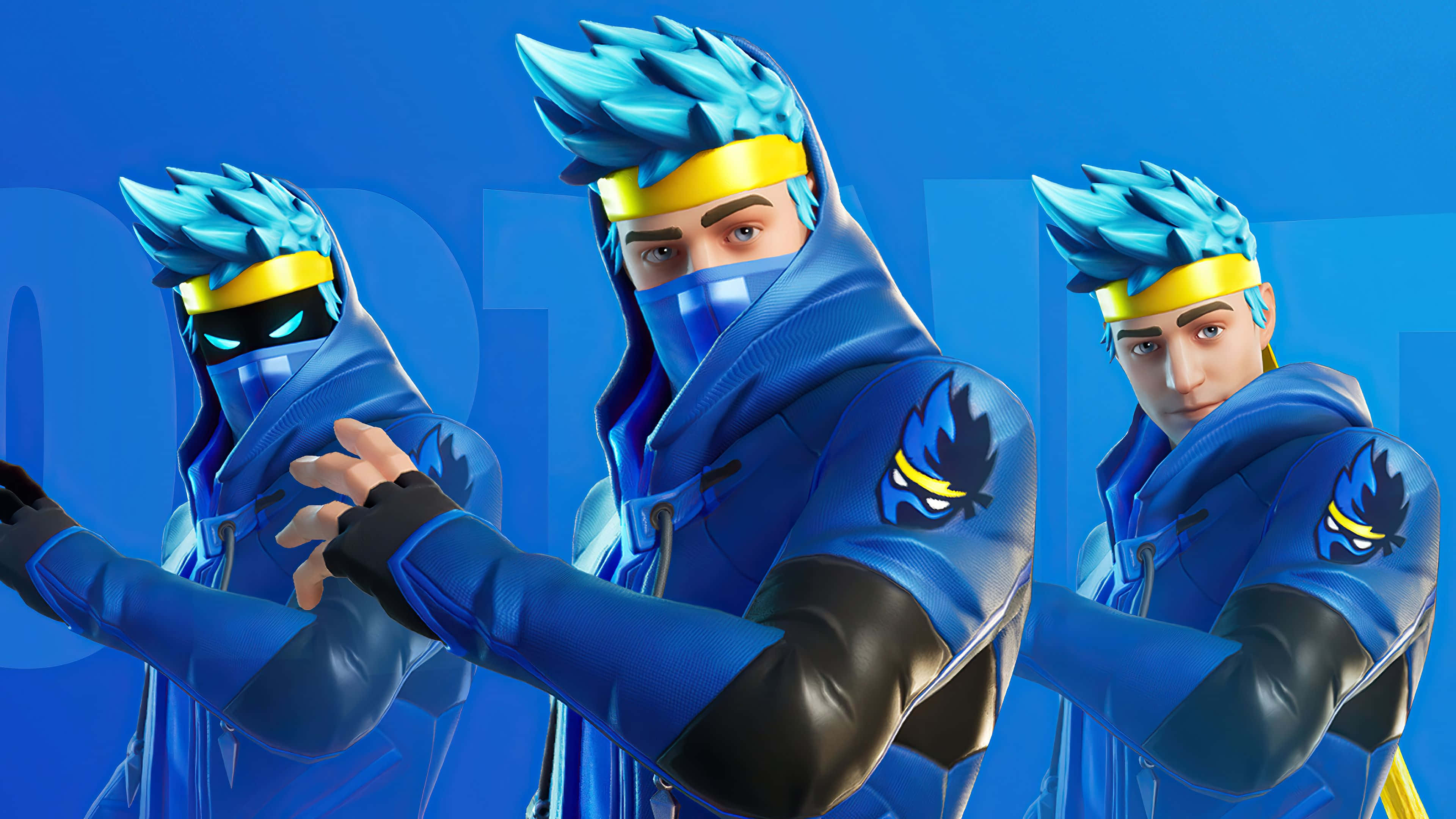 Fortnite Battle Royale 桌布 壁紙 — 三個身穿藍色連帽服裝、藍色尖刺頭髮和黃色頭帶的《要塞英雄》角色，在純藍色背景前動態擺姿勢。