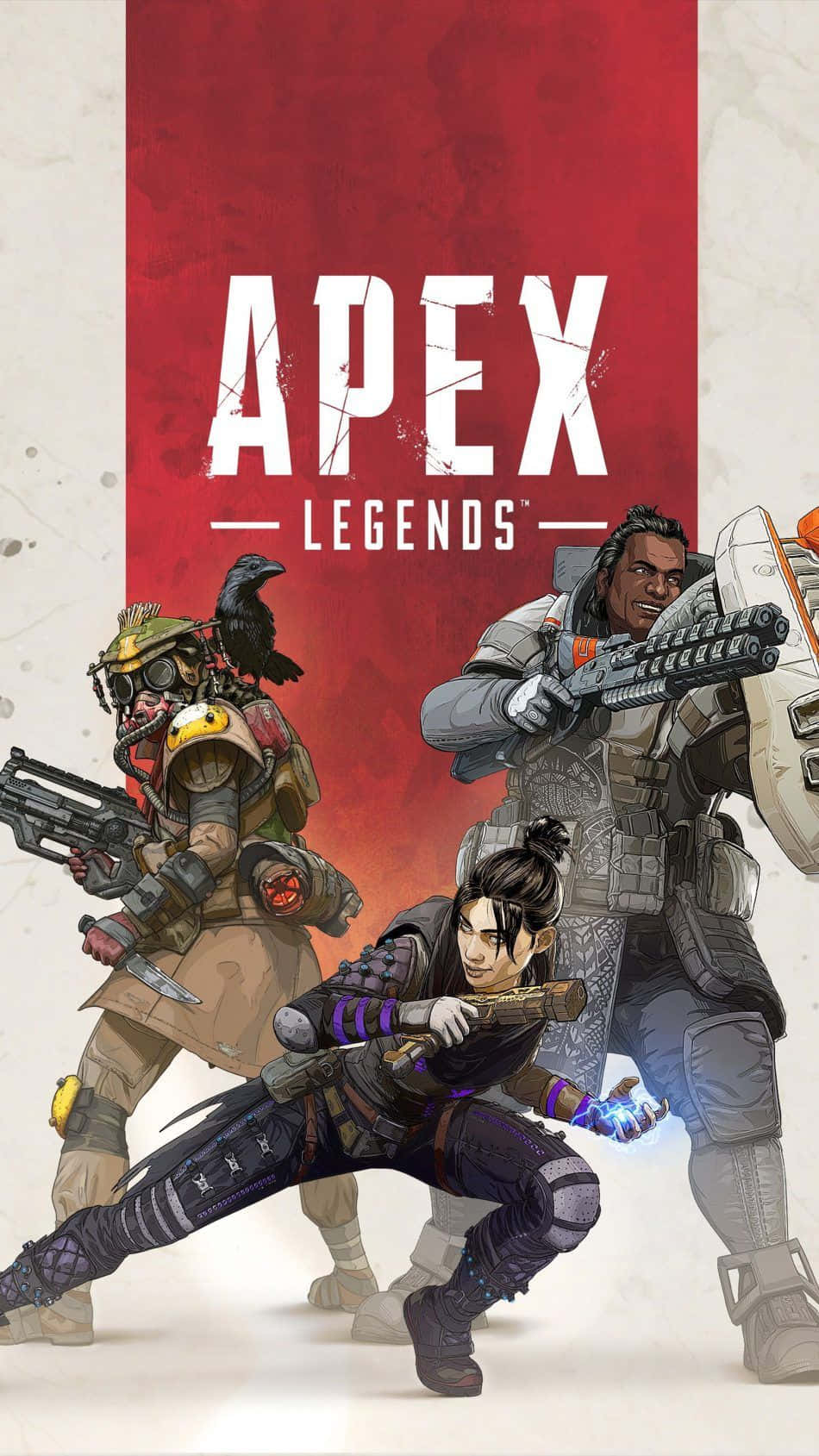Apex 英雄 桌布 壁紙 — 三個身穿裝甲的Apex Legends角色，在鮮明的紅白背景下擺出動態戰鬥姿勢。