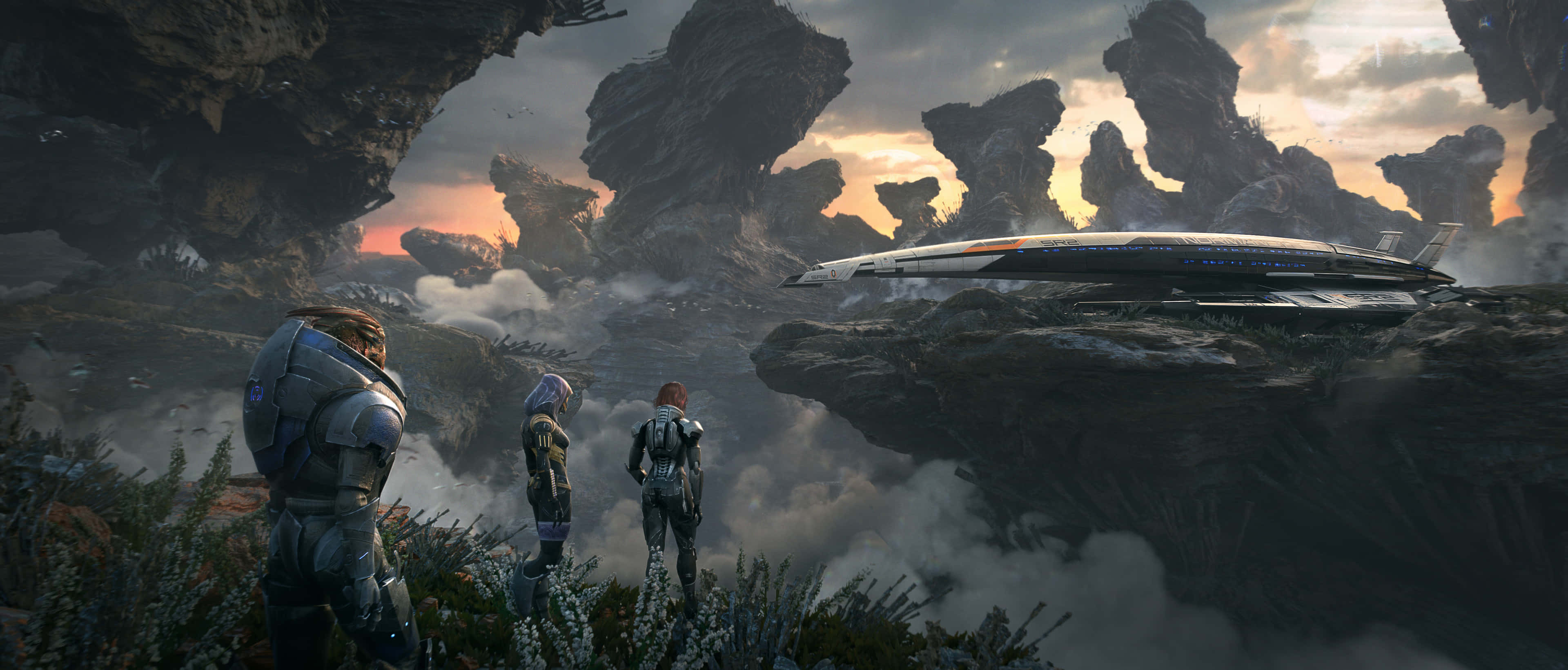 Mass Effect Multiplayer 桌布 壁紙 — 三個身穿裝甲的人物凝視著一艘時尚的太空船，在日落時分懸浮在霧氣瀰漫的外星峽谷上空。