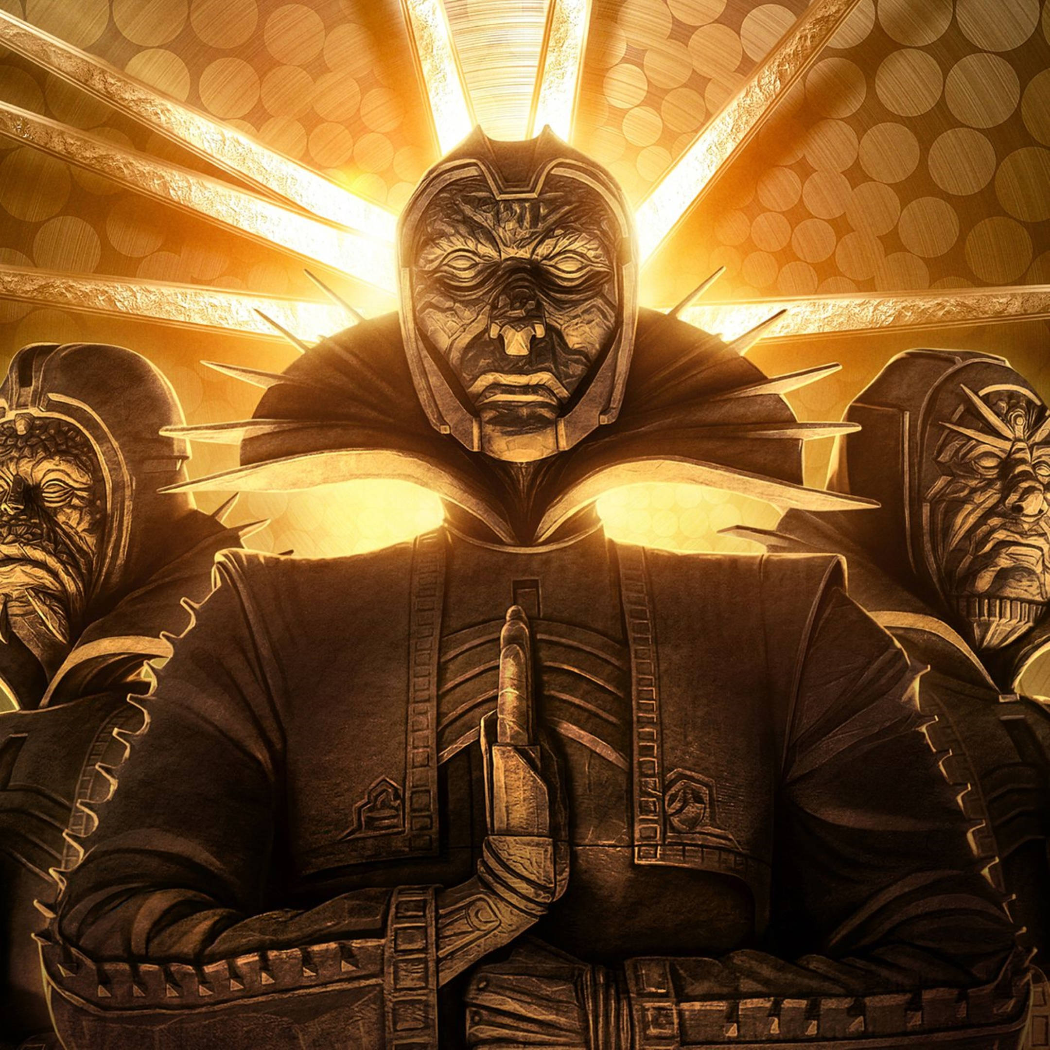 Conqueror 桌布 壁紙 — 三個身穿裝甲的外星人形象，帶有發光的金色光環，以戲劇性的對稱構圖站立。