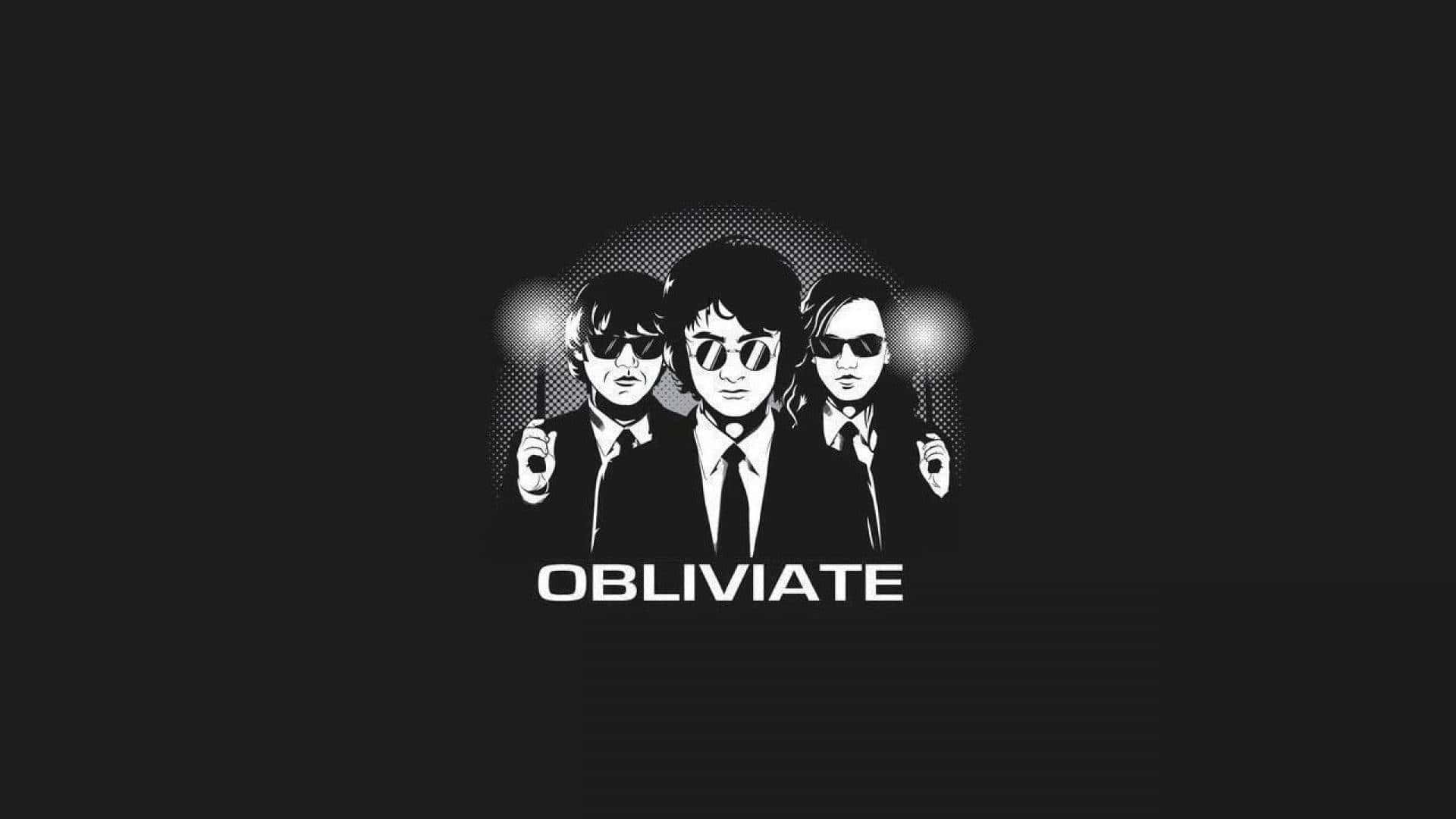 Harry Potter Black And White 桌布 壁紙 — 三個身穿西裝、戴著太陽眼鏡的人物，在黑暗背景中手持尖端發光的魔杖，下方有 obliviate 字樣。