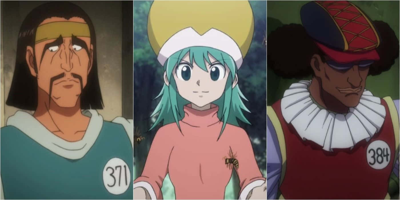 Hunter X Hunter Ponzu 桌布 壁紙 — 三個身穿賽車制服、號碼為371和384的動漫角色，在競爭環境中並肩站立。