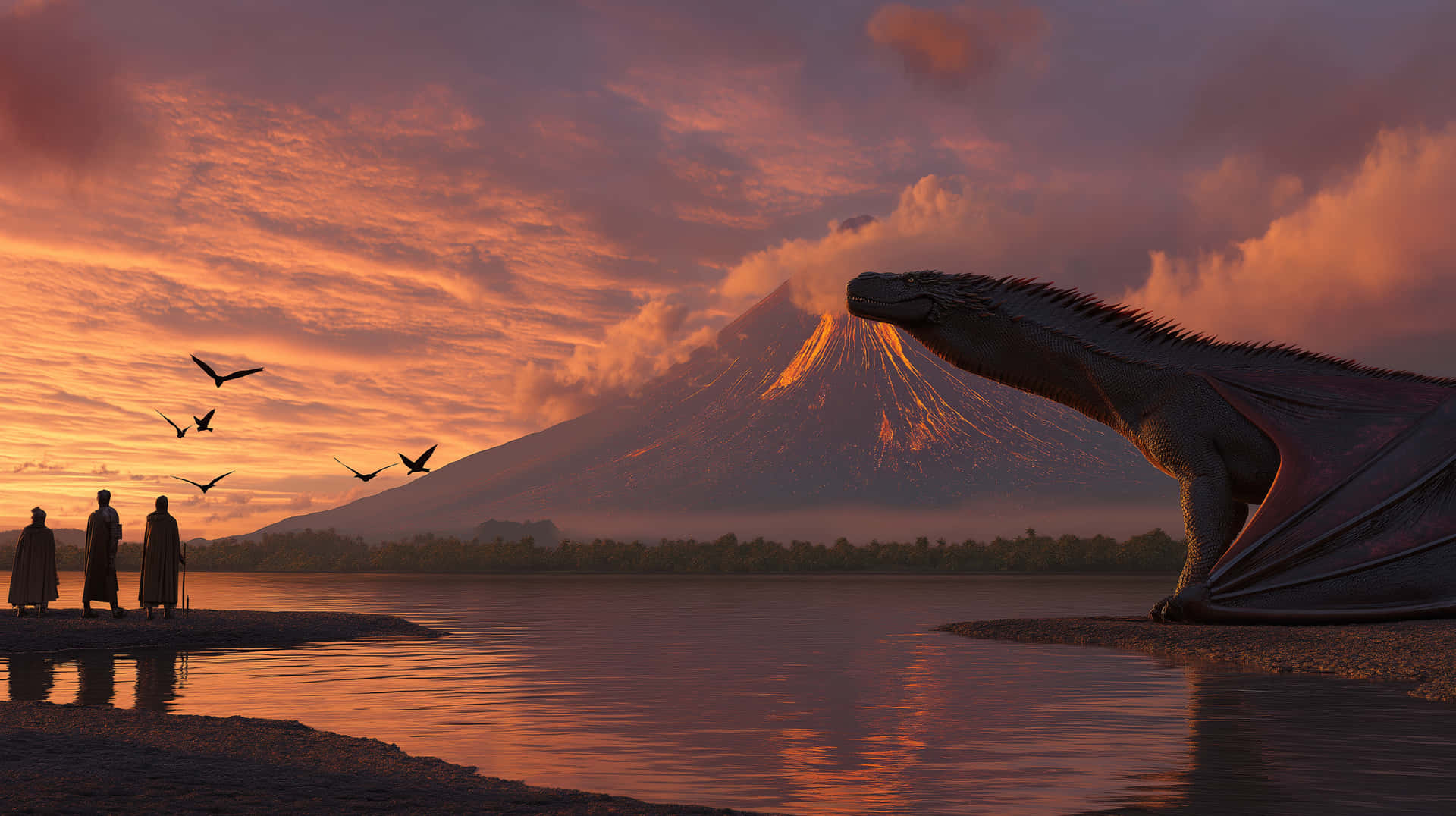 Majestic Dragon Overlooking a Volcanic Lake at Fiery Sunset 壁紙 — 三個身穿長袍的人物站在河岸邊，看著一條巨大的龍從水中出現，而他們身後的一座火山在熾熱的日落背景下噴發。