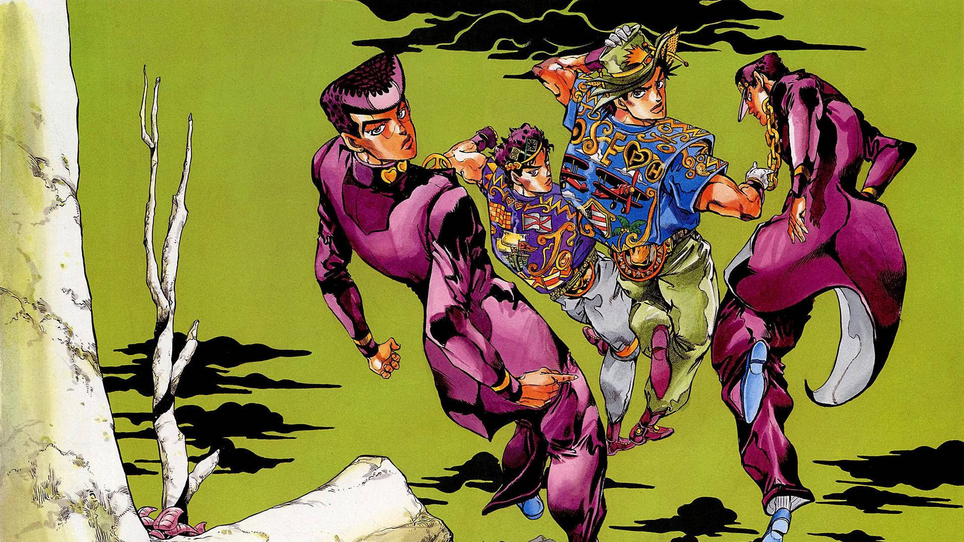 jojo 4K 桌布 壁紙 — 三個身穿鮮豔紫色和藍色服裝的動漫角色，在一片超現實的綠色風景中奔跑，背景有 stark 白色樹木和黑色雲朵。