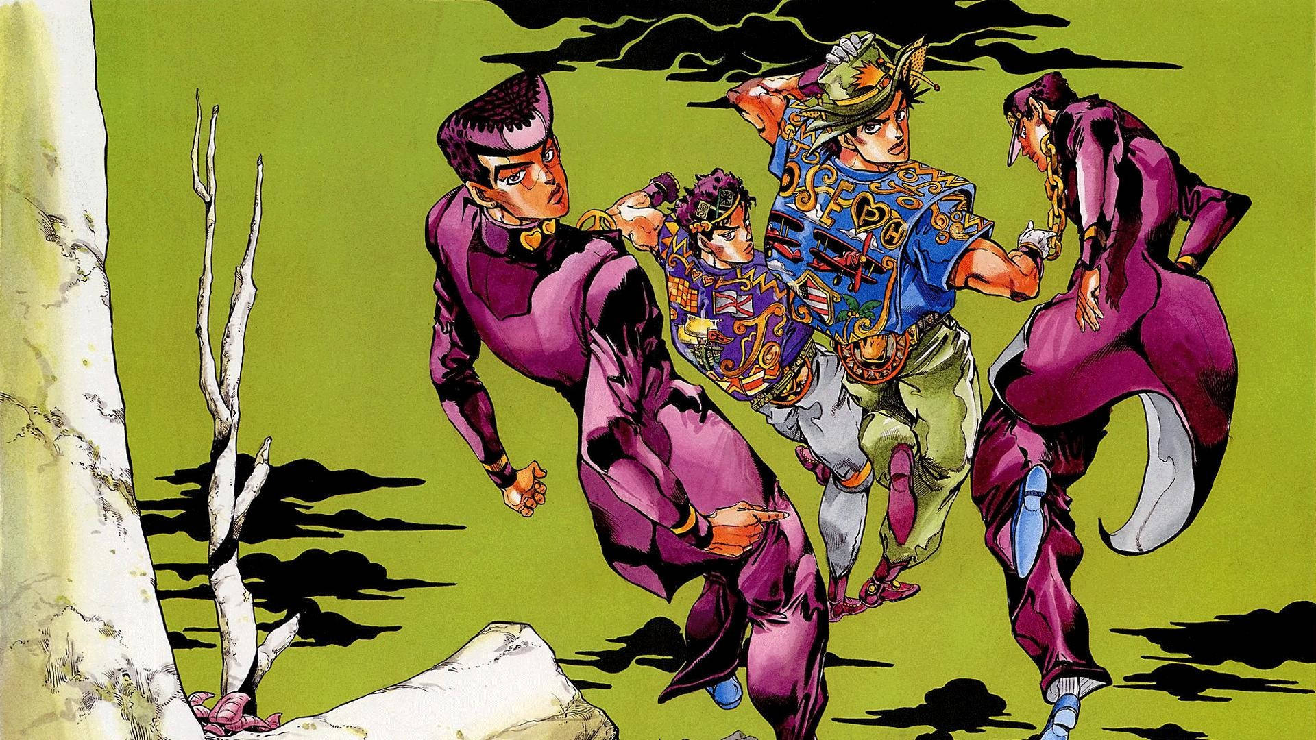 Josuke 桌布 壁紙 — 三個身穿鮮豔紫色和藍色服裝的動漫角色，在一片超現實的綠色景觀中奔跑，背景有醒目的白色樹木和烏雲。