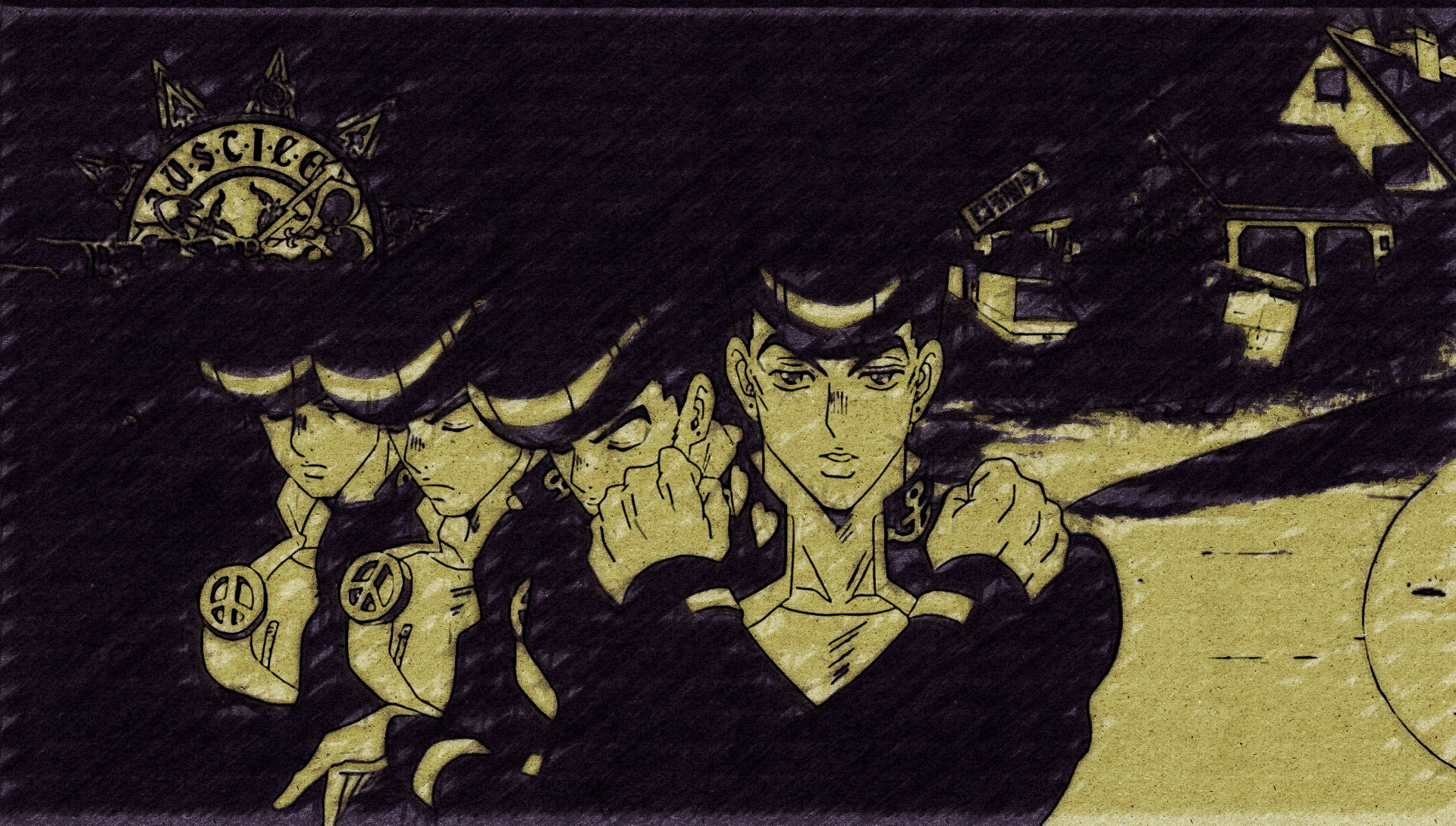 Josuke 桌布 壁紙 — 三個身穿黃色和黑色的動漫角色站在黑暗風格的小鎮中，星空下帶有『JUSTICE』標誌。
