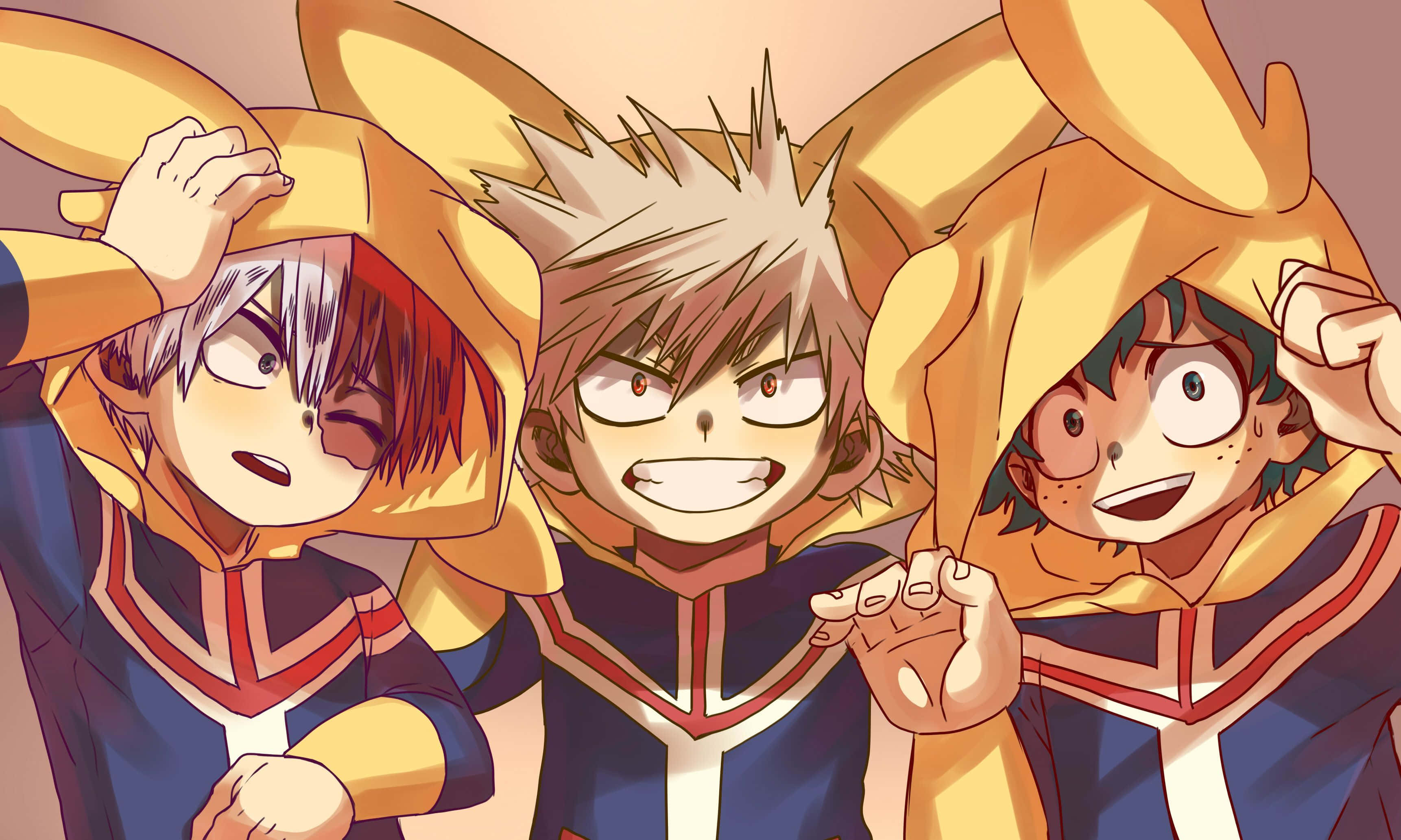 Mha 桌布 壁紙 — 三個身穿黃色連帽制服的動漫英雄，帶著堅定的表情對著鏡頭咧嘴大笑。