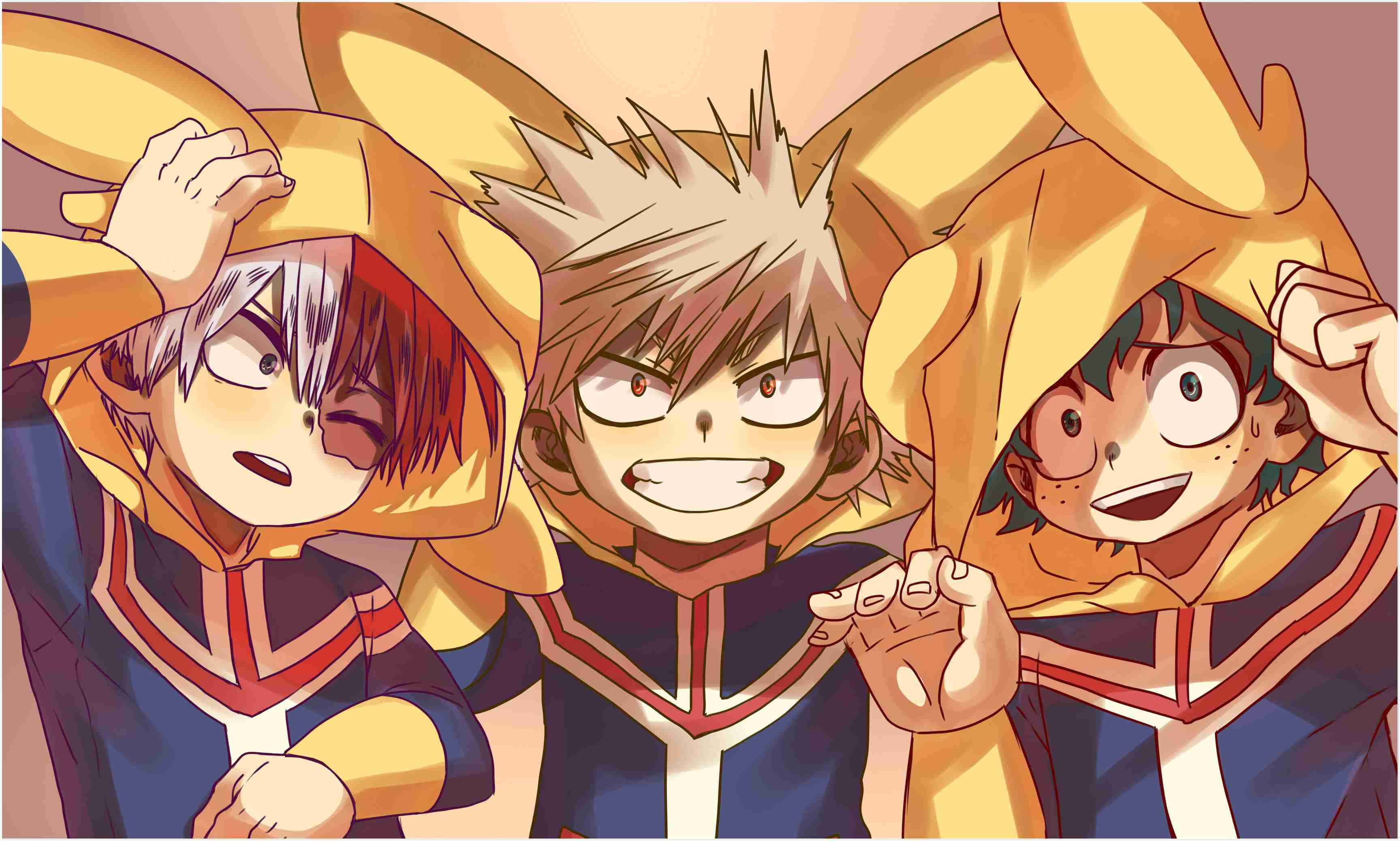My Hero Academia Laptop 桌布 壁紙 — 三個身穿黃色連帽衫的動漫男孩在動態特寫中對著觀眾猙獰地咧嘴笑。