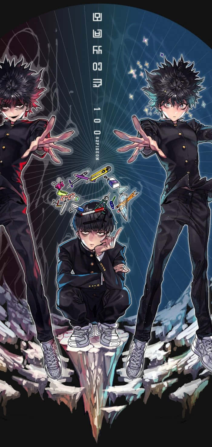 Mob Psycho iPhone 桌布 壁紙 — 三個身穿黑色制服的動畫男孩站在碎裂的冰平台上，周圍有漂浮的武器，背景是深藍色星空。