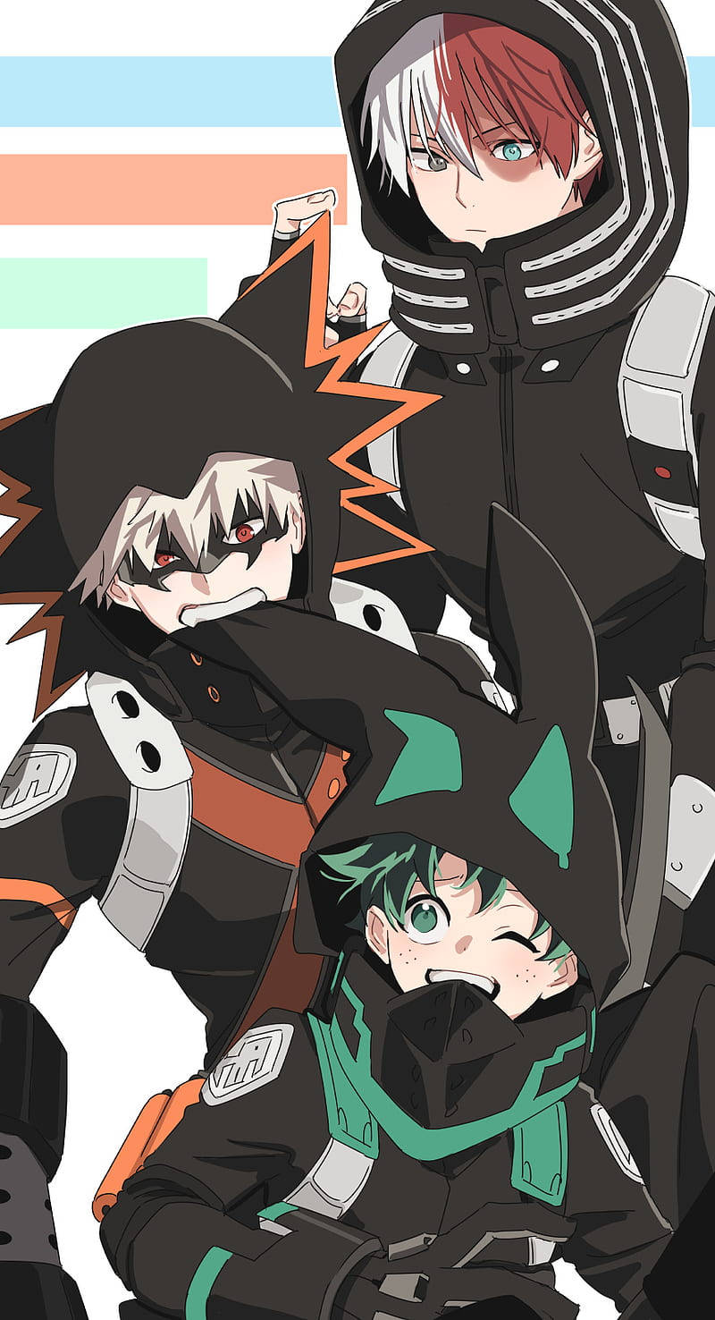 Todobakudeku 桌布 壁紙 — 三個身穿黑色戰術裝備、帶有彩色點綴的動漫角色，在條紋背景前動感擺姿勢。
