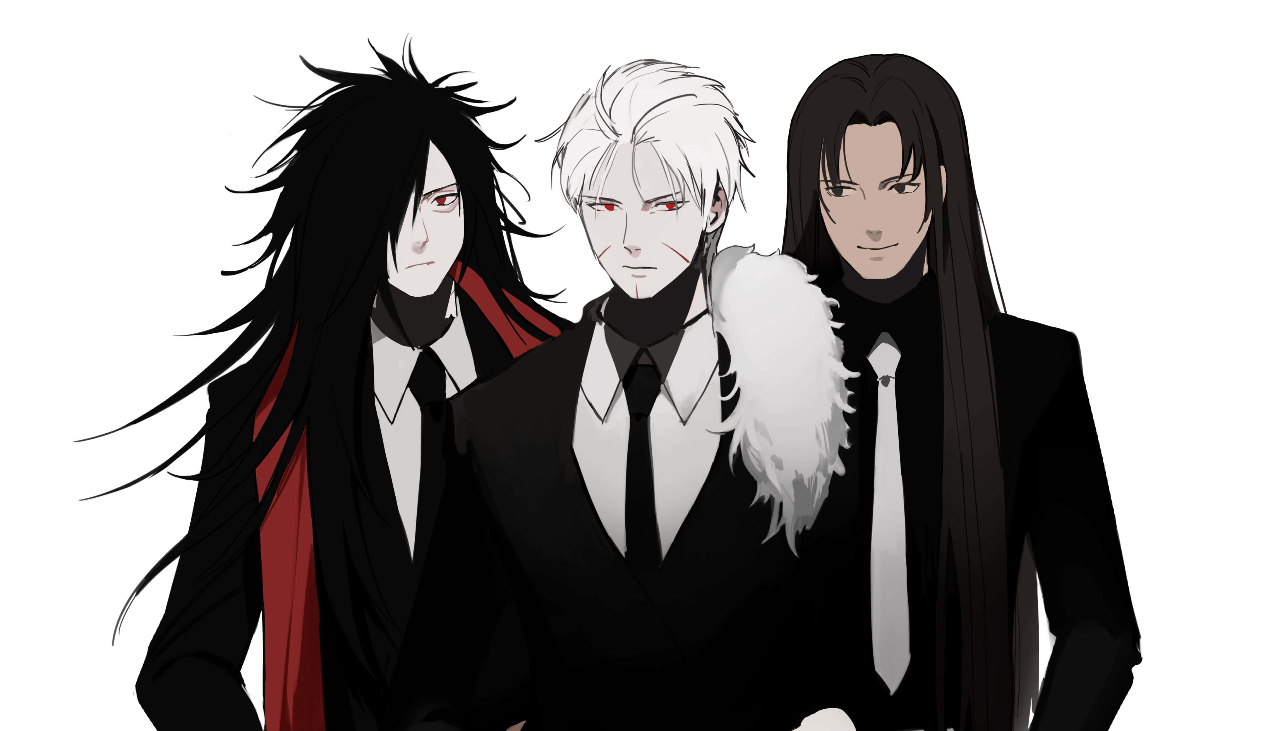 tobirama senju 桌布 壁紙 — 三個身穿黑色西裝、紅眼睛、髮型誇張的動畫男人，站在純白色背景前。