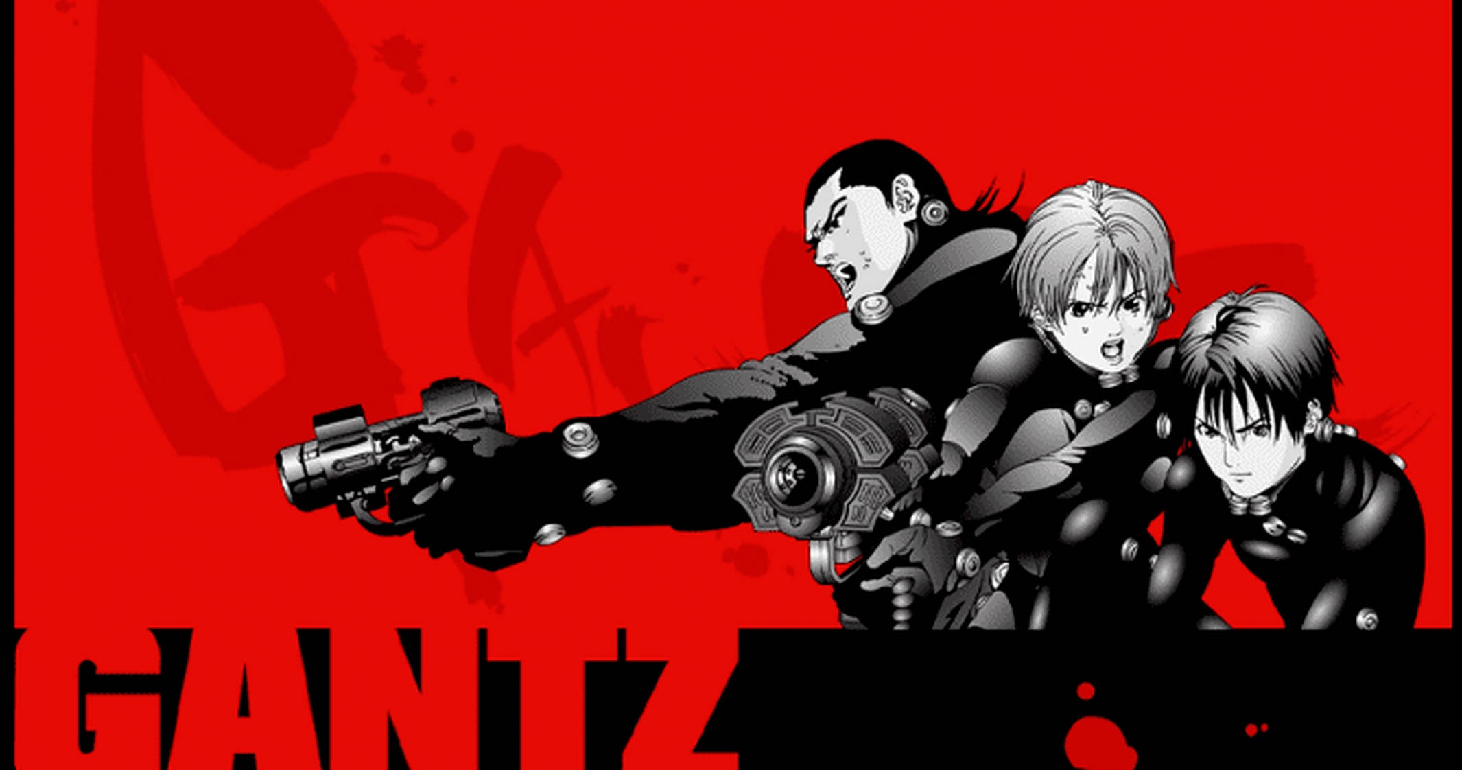 Gantz 桌布 壁紙 — 三個身穿黑色西裝的動漫角色，在帶有GANTZ字樣的鮮紅色背景前瞄準未來風格的槍支。