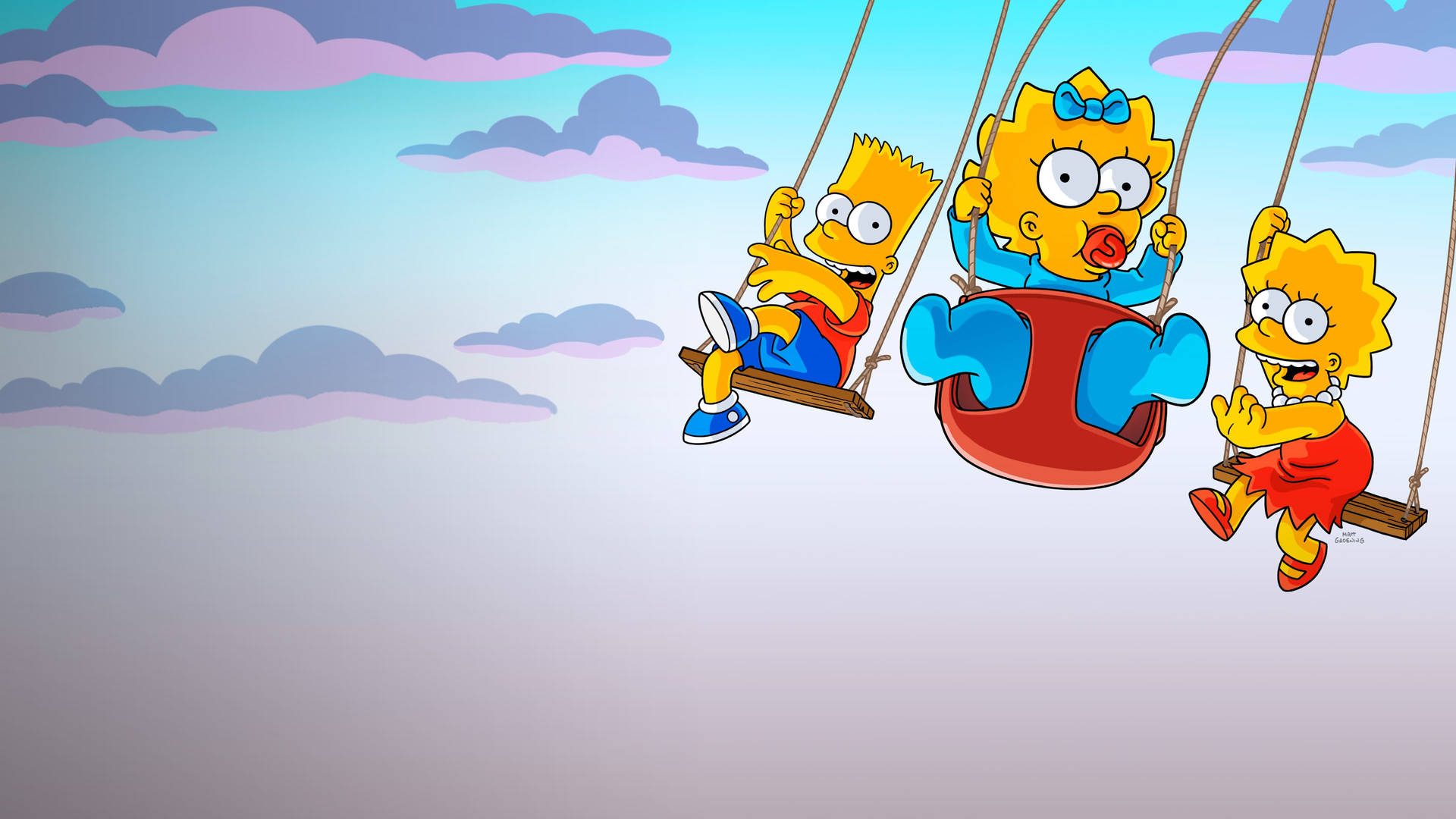 The Simpsons 桌布 壁紙 — 三個辛普森家庭的小孩在有 fluffy 雲的粉彩天空下開心地高高盪著鞦韆。