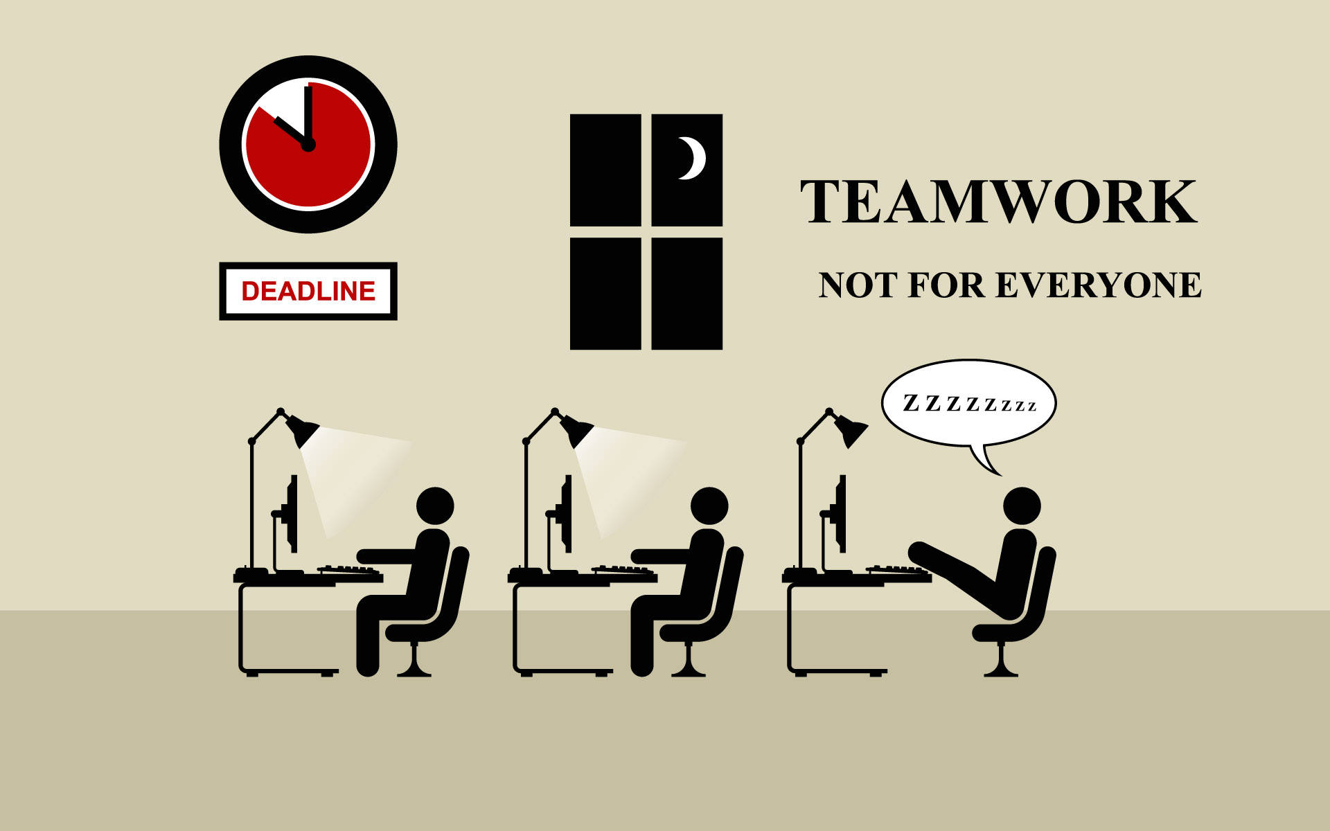 Work 桌布 壁紙 — 三個辦公桌前的辦公室職員，其中一個在時鐘和月亮圖示下睡覺，文字為 teamwork not for everyone。